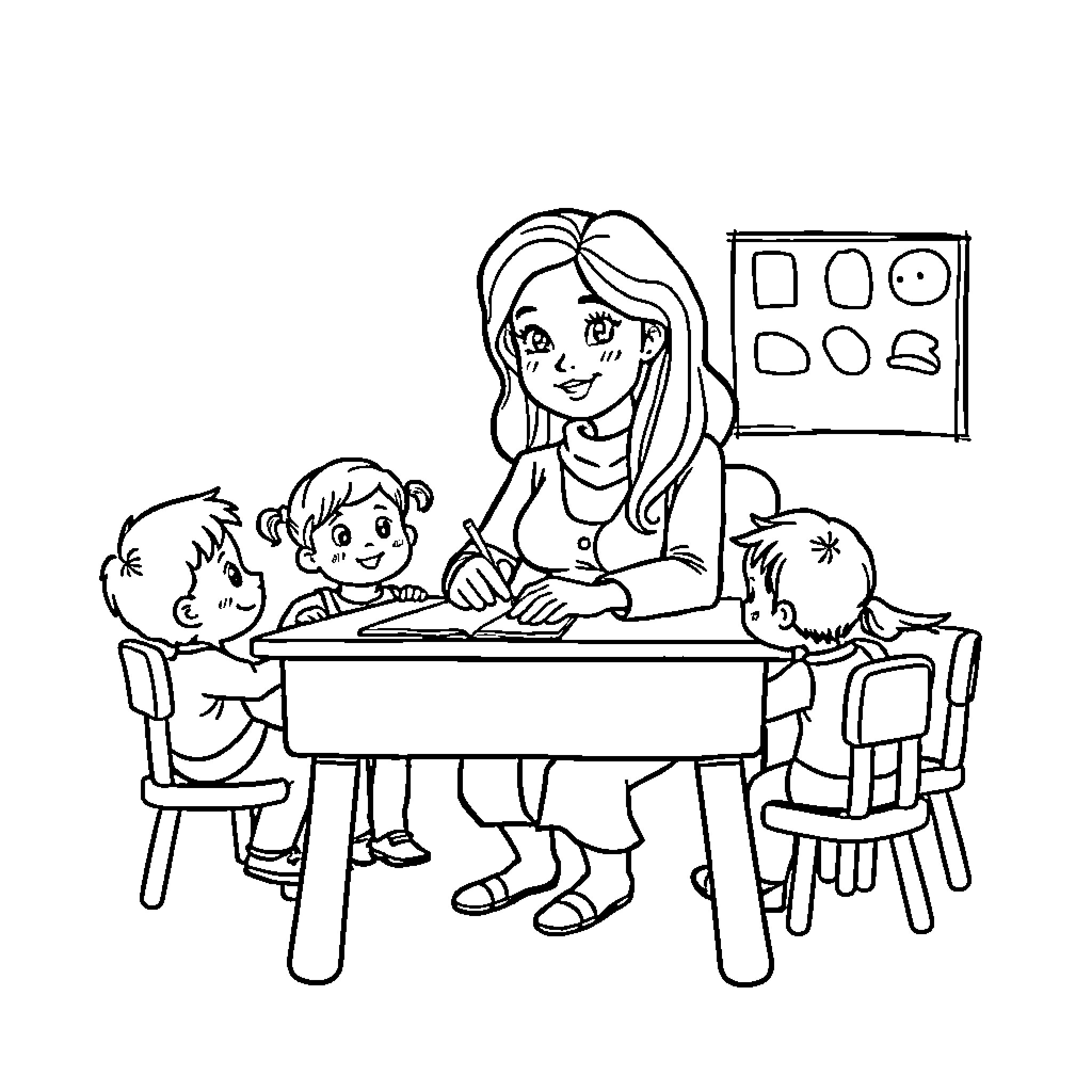 Ms Rachel Assisting Students with Learning Coloring Page (free black-and-white line drawing printable PDF for all, from beginners to advanced learners, including children, teens, adults, and seniors)