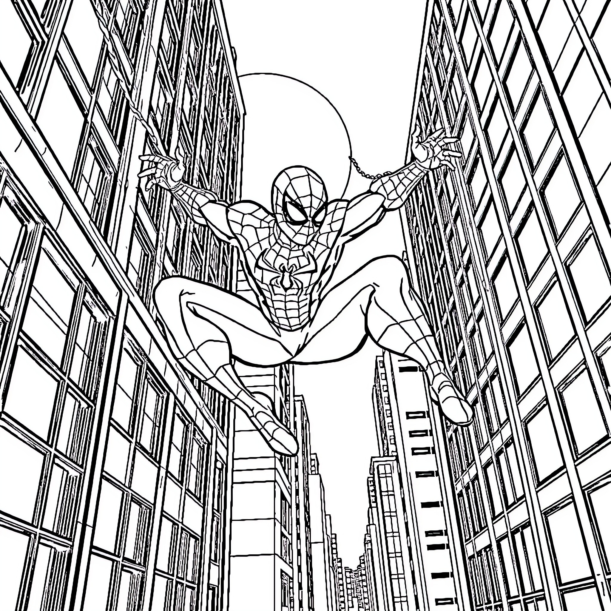 Spiderman swinging through the city skyline Coloring Page (free black-and-white line drawing printable PDF for all, from beginners to advanced learners, including children, teens, adults, and seniors)