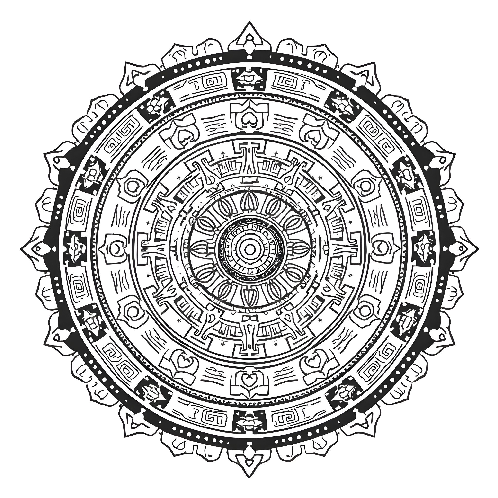 Mandala of intricate geometric patterns and symbols Coloring Page (free black-and-white line drawing printable PDF for all, from beginners to advanced learners, including children, teens, adults, and seniors)