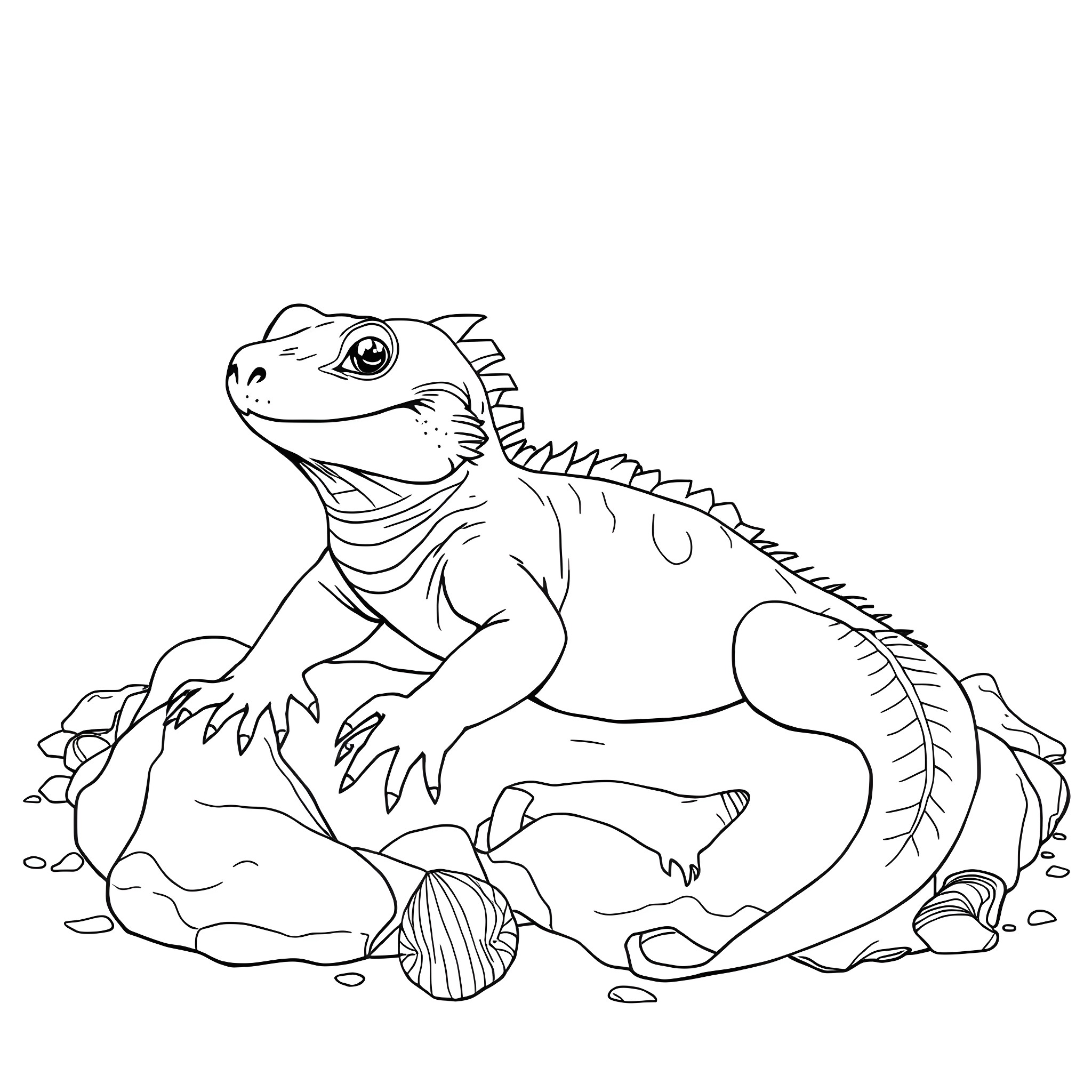Komodo Dragon exploring its natural habitat Coloring Page (free black-and-white line drawing printable PDF for all, from beginners to advanced learners, including children, teens, adults, and seniors)