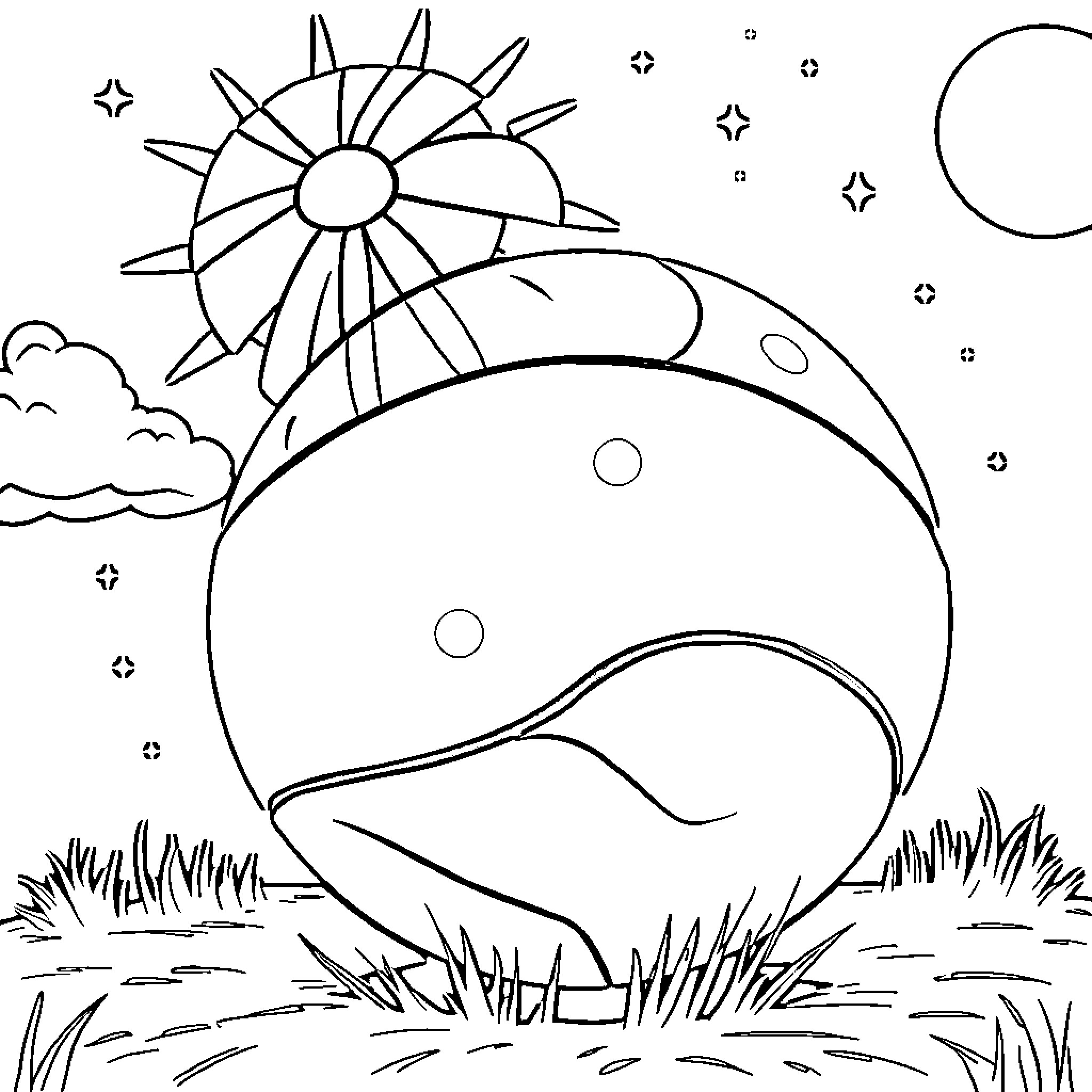 Beach Ball Playful Landscape with Sun and Moon Coloring Page (free black-and-white line drawing printable PDF for all, from beginners to advanced learners, including children, teens, adults, and seniors)
