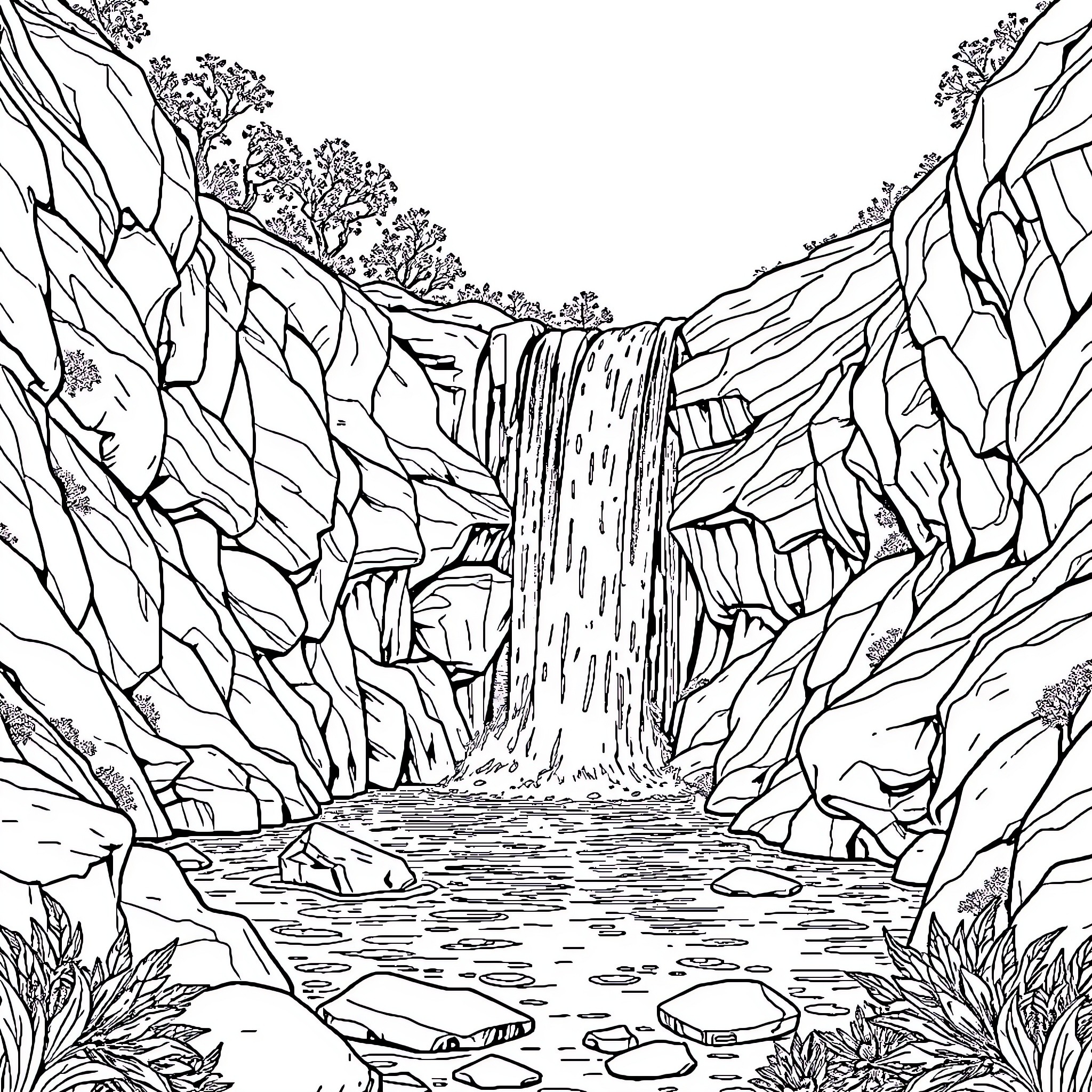 Waterfall flowing through rocky canyon Coloring Page (free black-and-white line drawing printable PDF for all, from beginners to advanced learners, including children, teens, adults, and seniors)