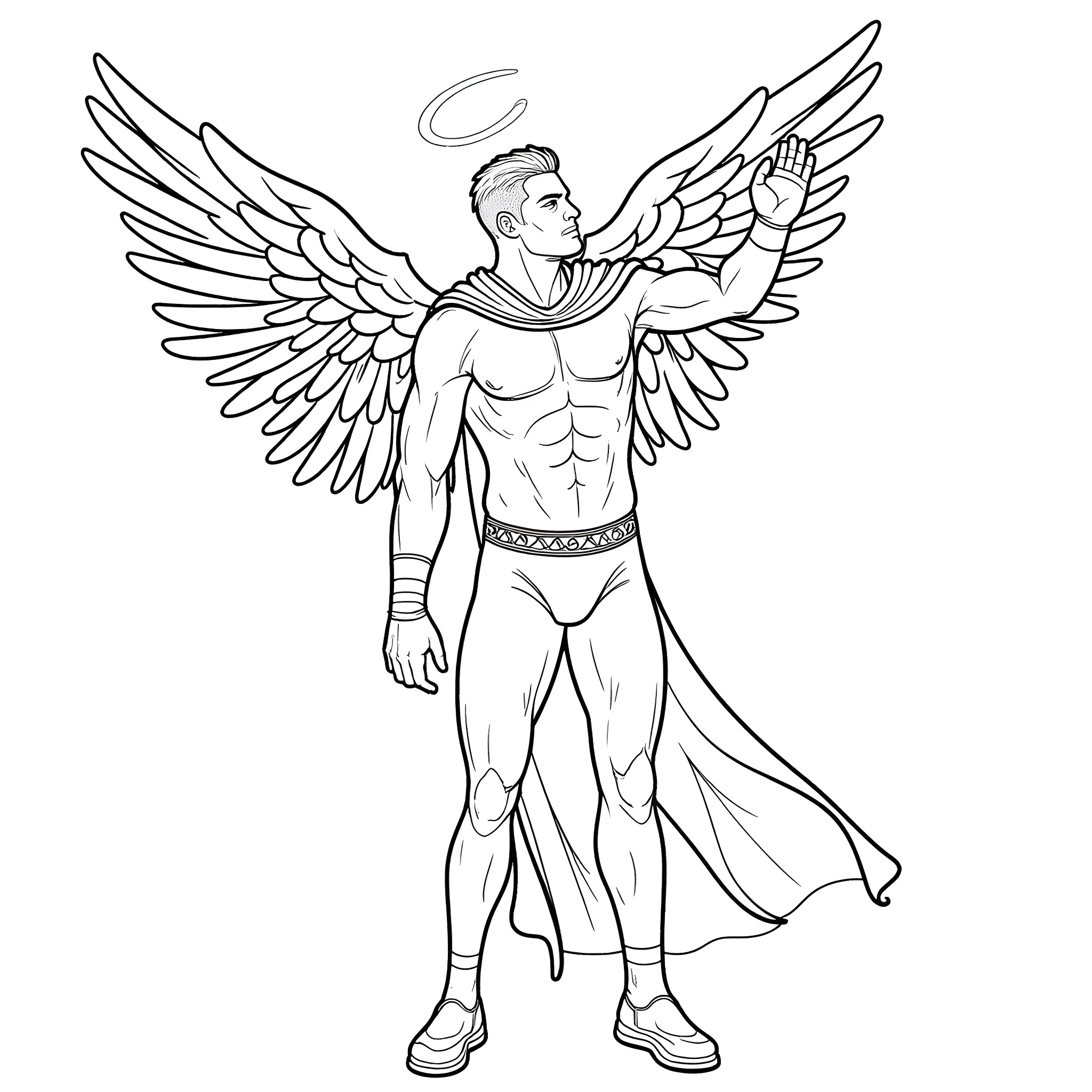 John Cena as Heroic Winged Savior Coloring Page (free black-and-white line drawing printable PDF for all, from beginners to advanced learners, including children, teens, adults, and seniors)