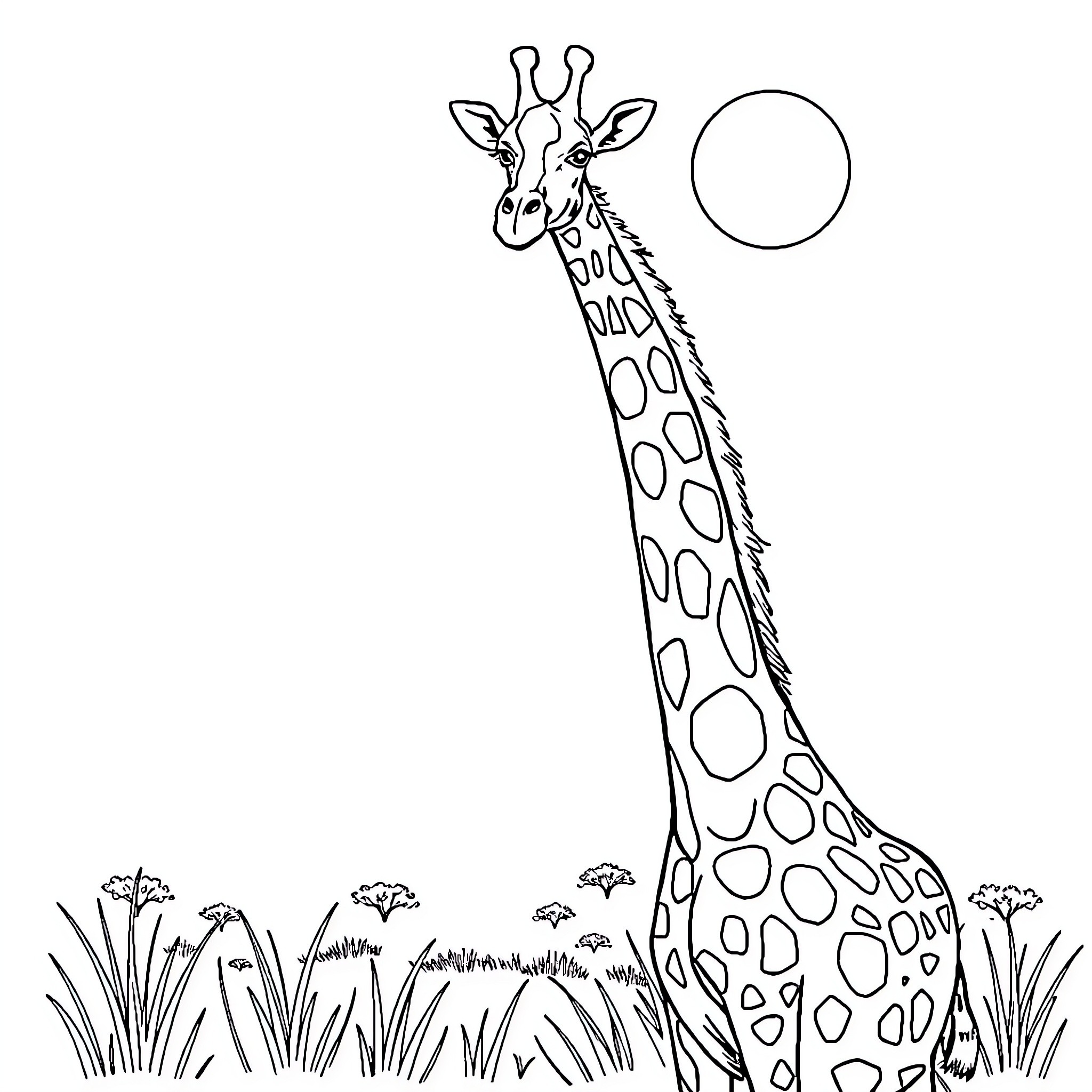 Giraffe observing nature in the wild Coloring Page (free black-and-white line drawing printable PDF for all, from beginners to advanced learners, including children, teens, adults, and seniors)