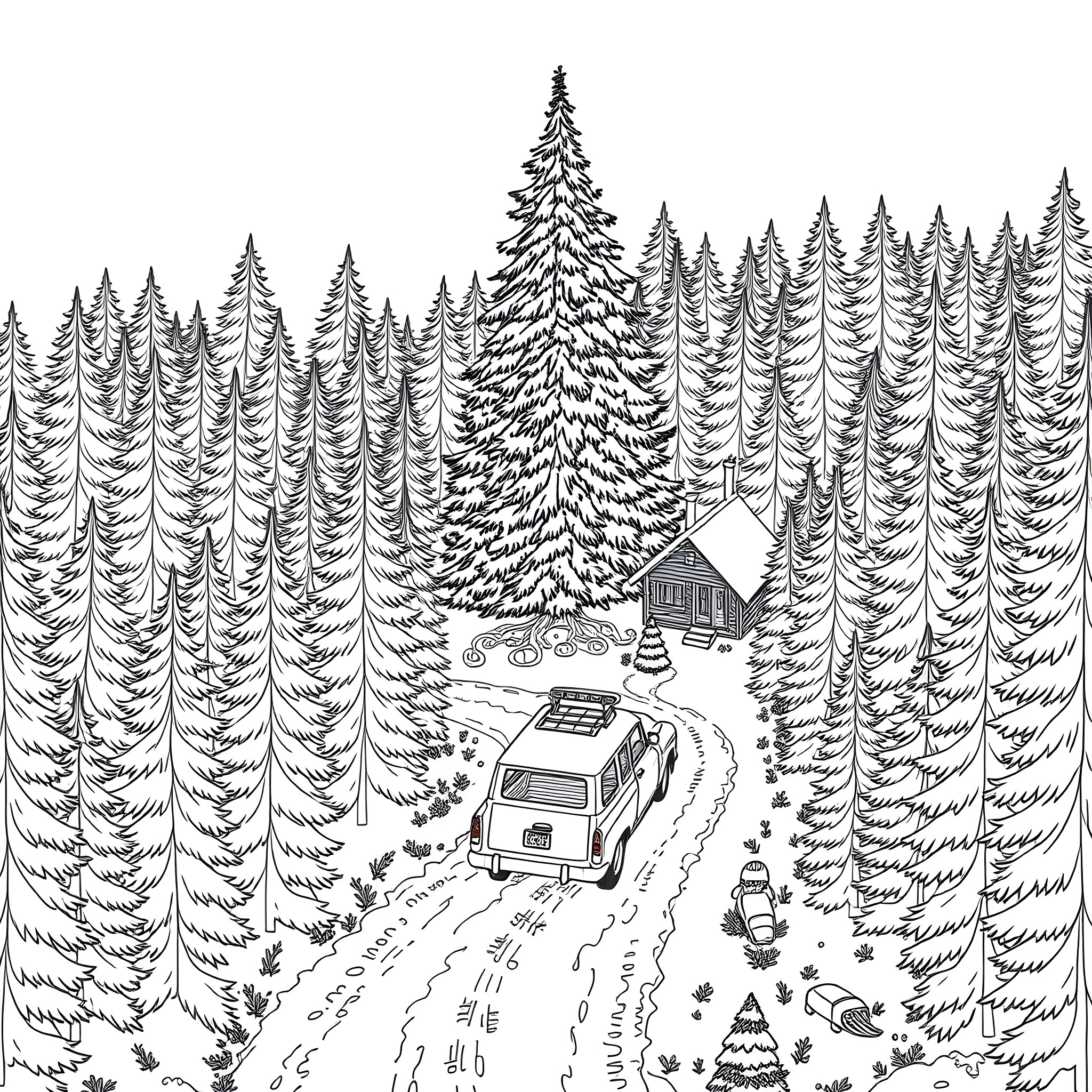 Stationwagon driving through a snowy forest Coloring Page (free black-and-white line drawing printable PDF for all, from beginners to advanced learners, including children, teens, adults, and seniors)