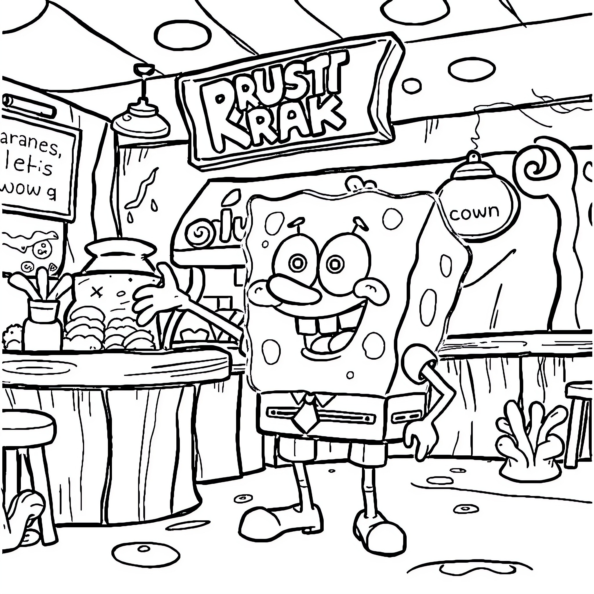 Spongebob running a quirky restaurant Coloring Page (free black-and-white line drawing printable PDF for all, from beginners to advanced learners, including children, teens, adults, and seniors)