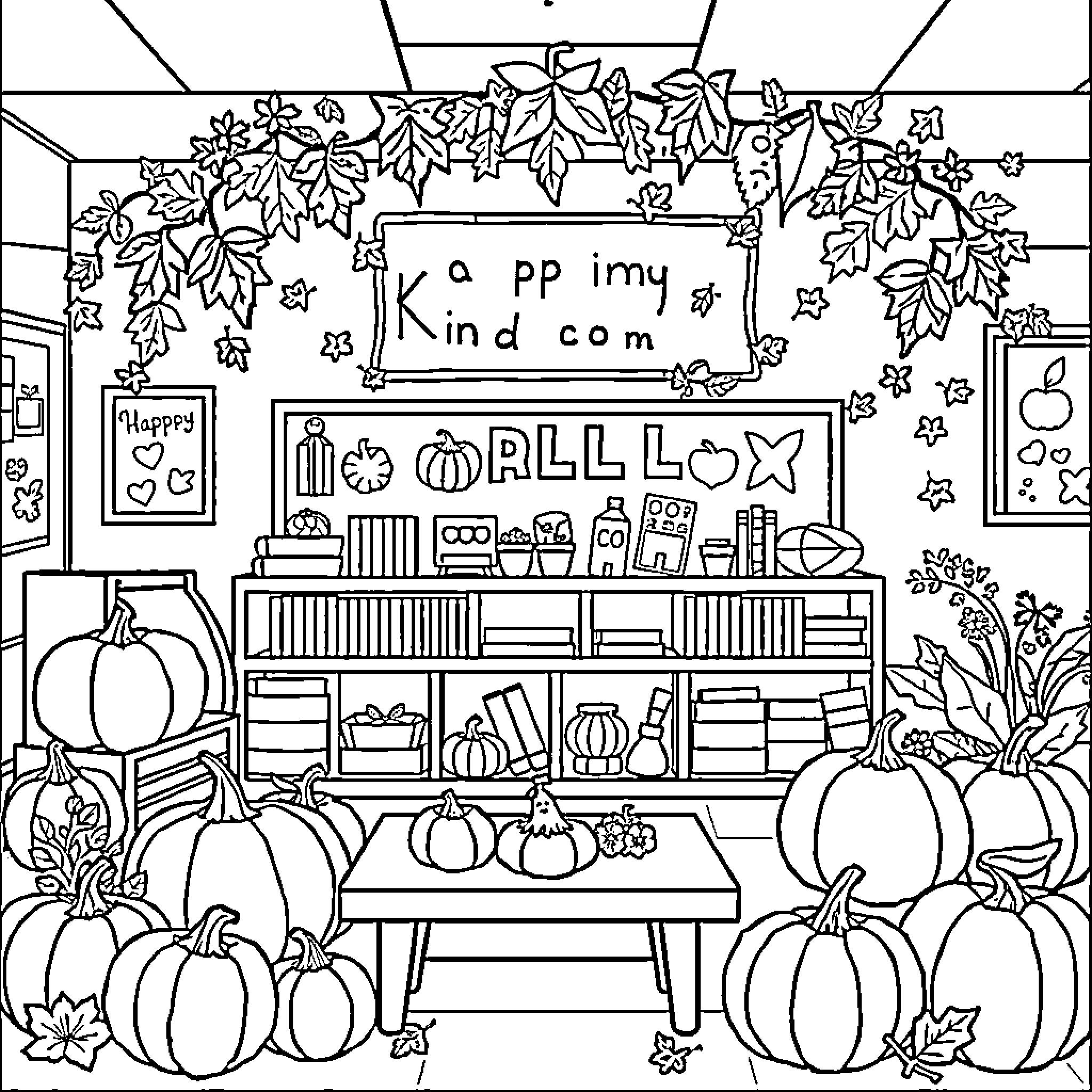 Fall Harvest Season Decor and Activities Coloring Page (free black-and-white line drawing printable PDF for all, from beginners to advanced learners, including children, teens, adults, and seniors)