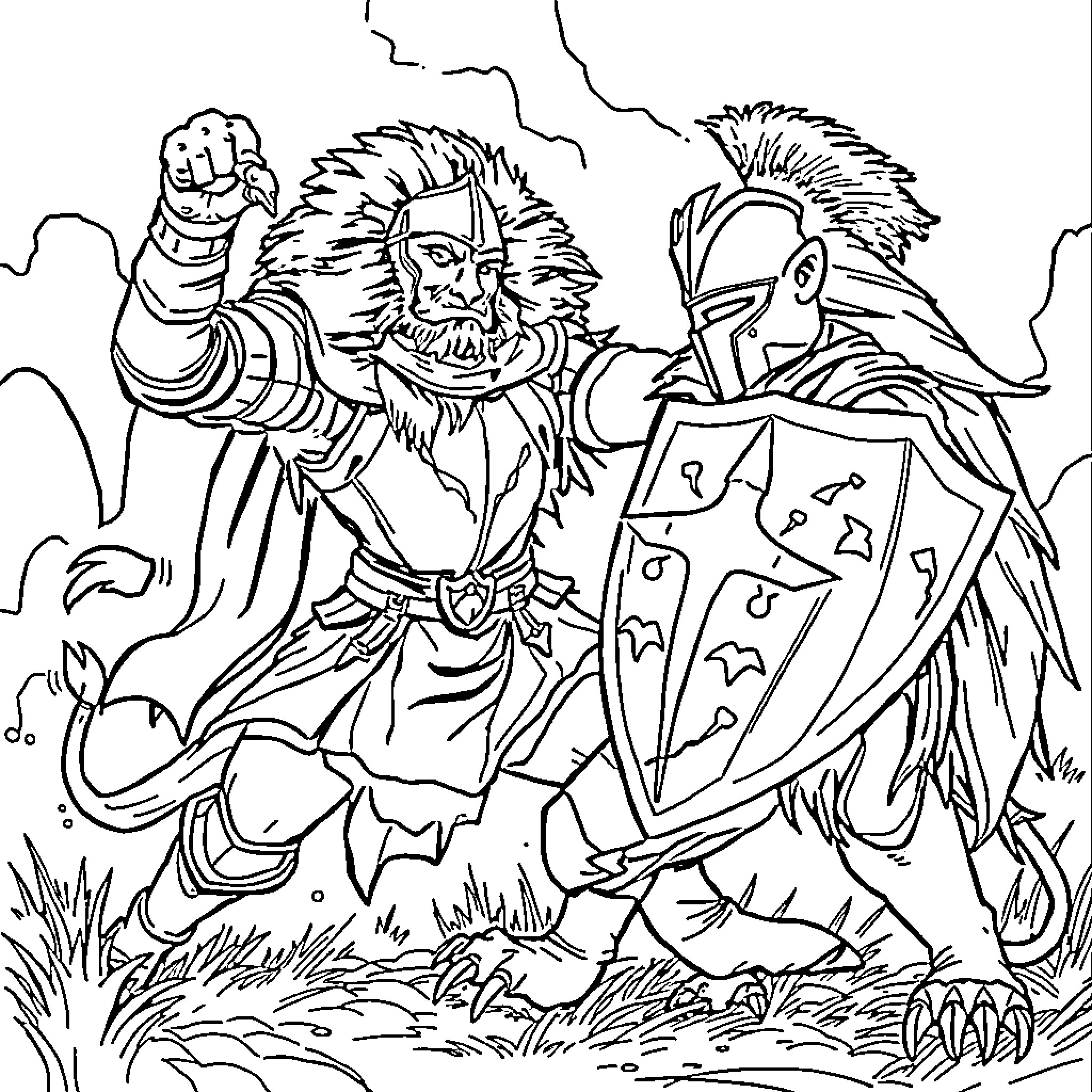 Knight warriors in battle with shields and swords Coloring Page (free black-and-white line drawing printable PDF for all, from beginners to advanced learners, including children, teens, adults, and seniors)