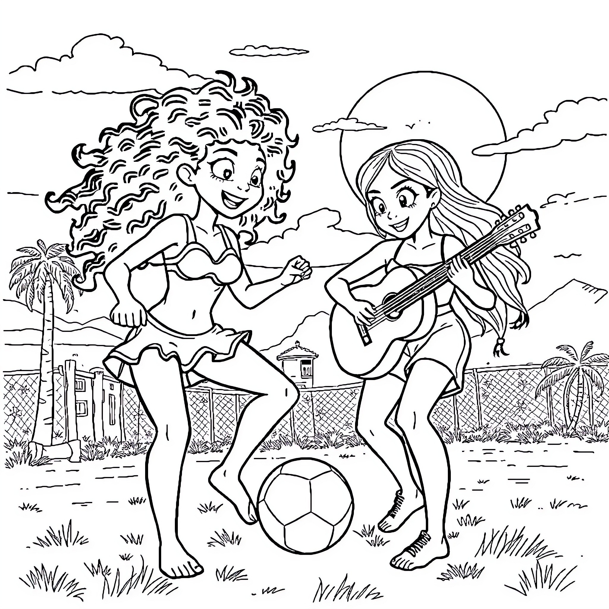 Gatubela playing soccer and dancing with a friend Coloring Page (free black-and-white line drawing printable PDF for all, from beginners to advanced learners, including children, teens, adults, and seniors)