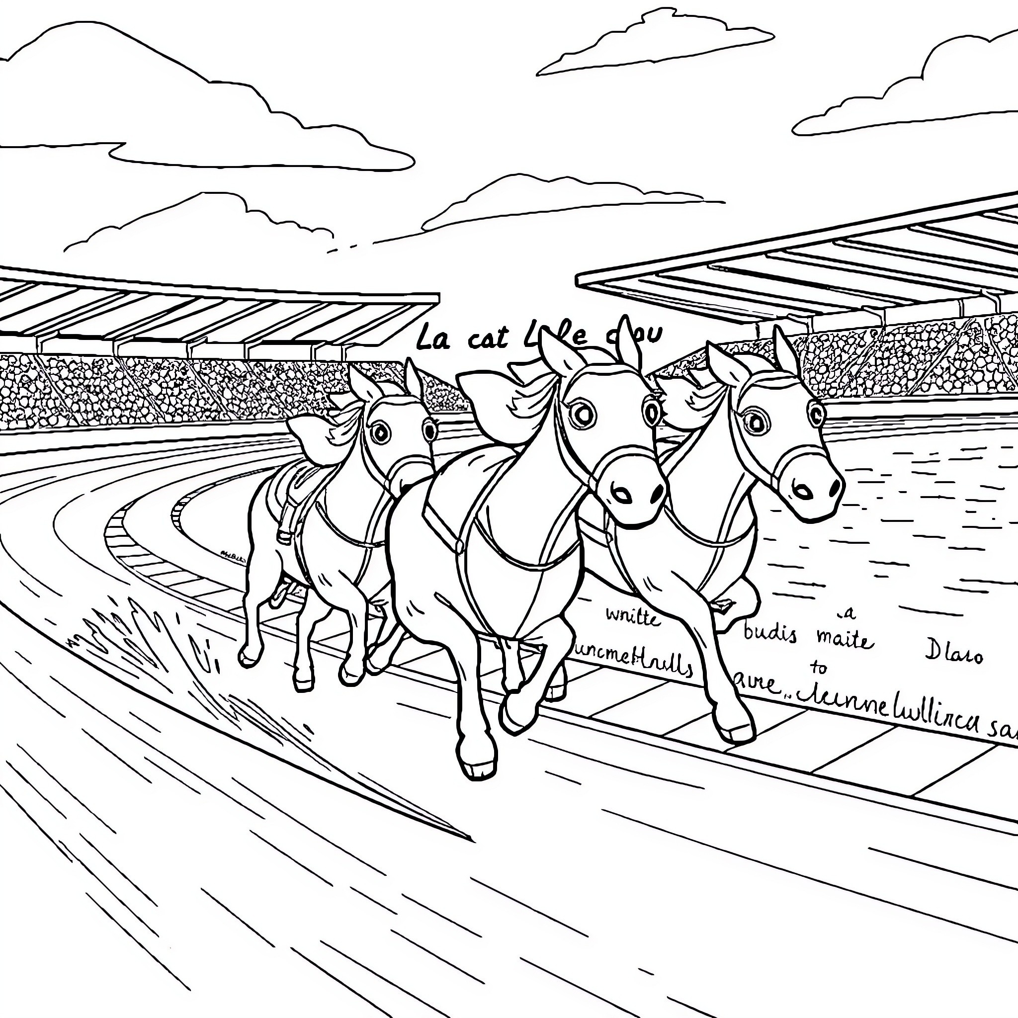Cheu Cheu Horses Racing on the Track Coloring Page (free black-and-white line drawing printable PDF for all, from beginners to advanced learners, including children, teens, adults, and seniors)