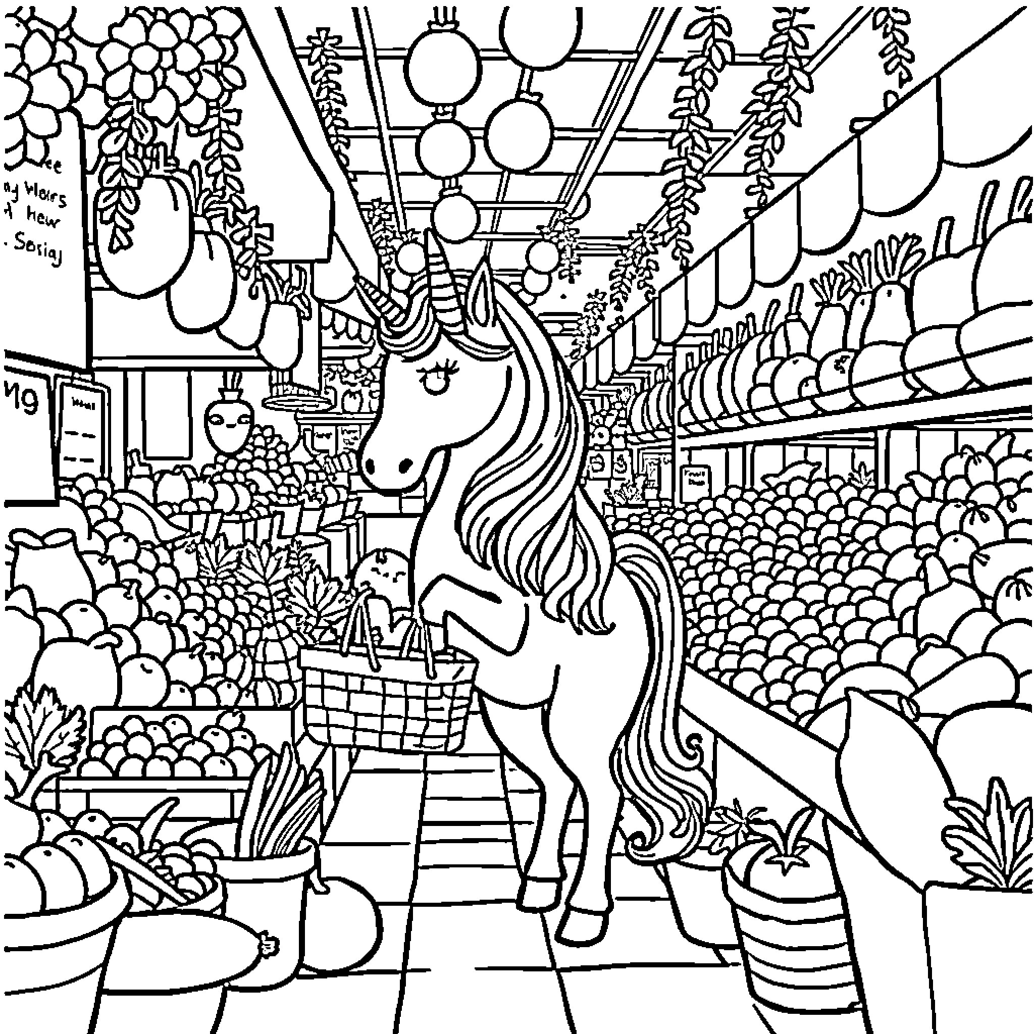 Unicorn exploring a whimsical market scene Coloring Page (free black-and-white line drawing printable PDF for all, from beginners to advanced learners, including children, teens, adults, and seniors)