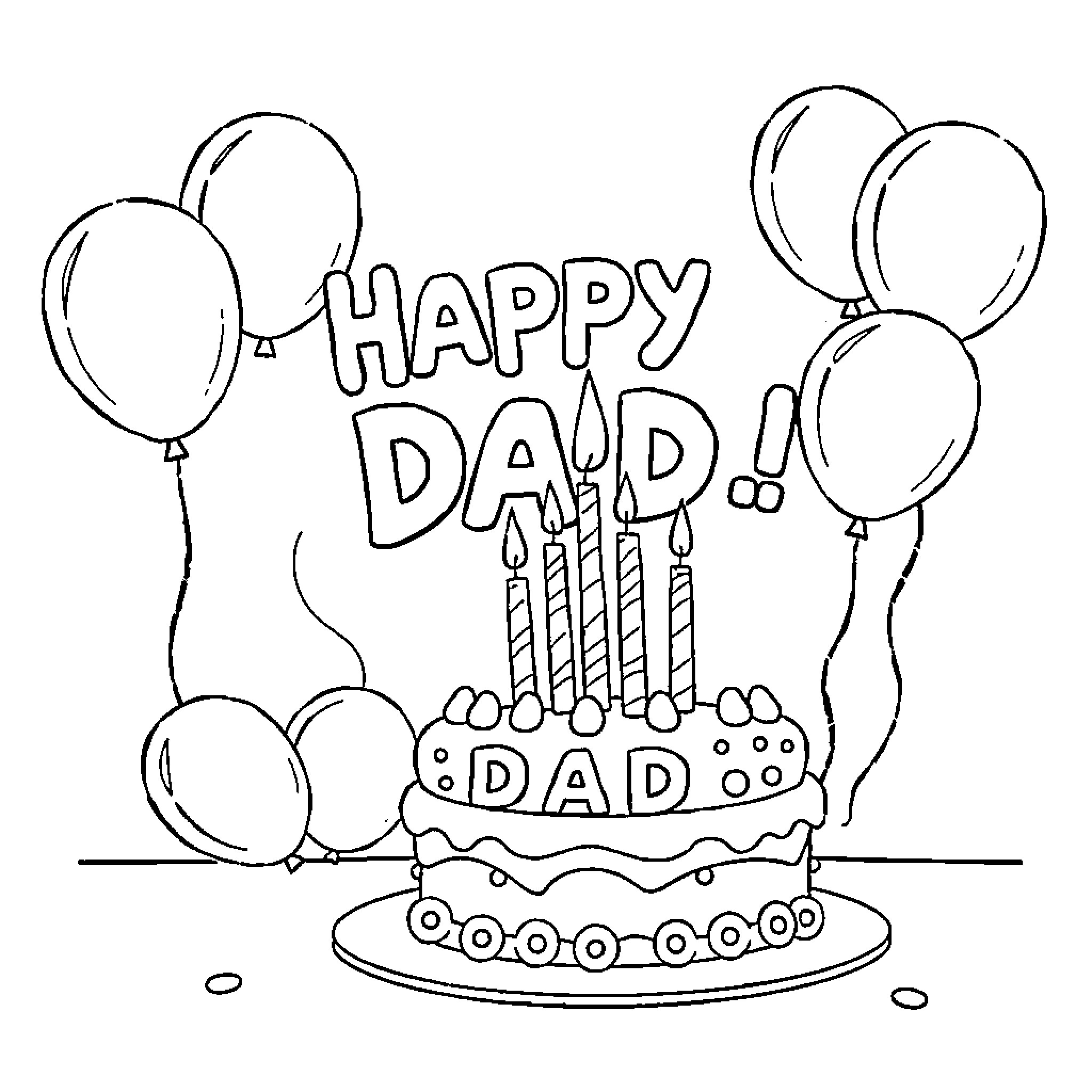 Birthday celebration for dad with cake and balloons Coloring Page (free black-and-white line drawing printable PDF for all, from beginners to advanced learners, including children, teens, adults, and seniors)