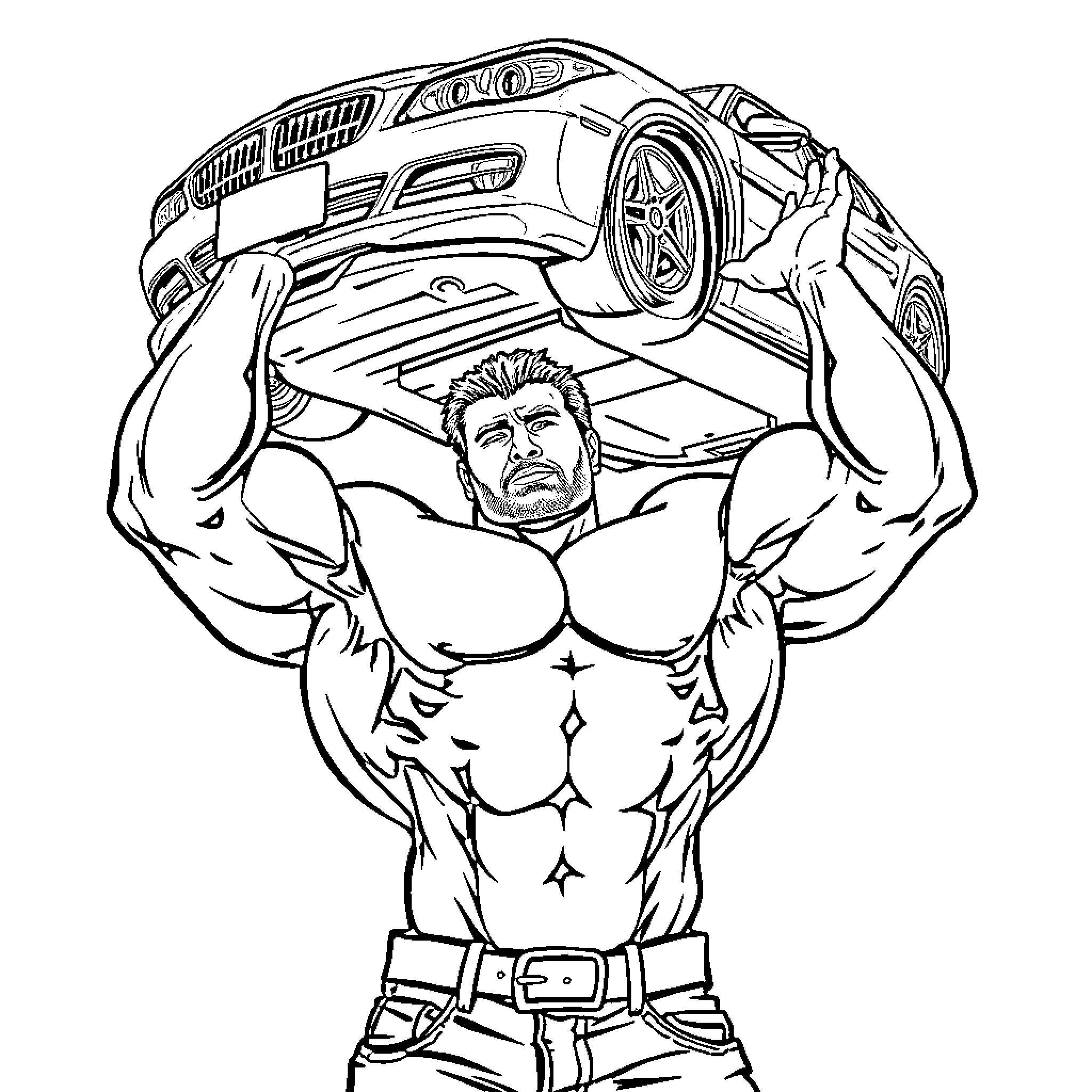 Muscle Man Lifting Powerful Sports Car Coloring Page (free black-and-white line drawing printable PDF for all, from beginners to advanced learners, including children, teens, adults, and seniors)
