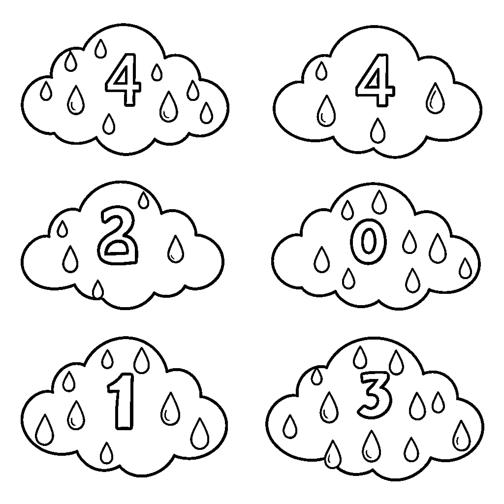 Nuage clouds with numbers and falling raindrops Coloring Page (free black-and-white line drawing printable PDF for all, from beginners to advanced learners, including children, teens, adults, and seniors)