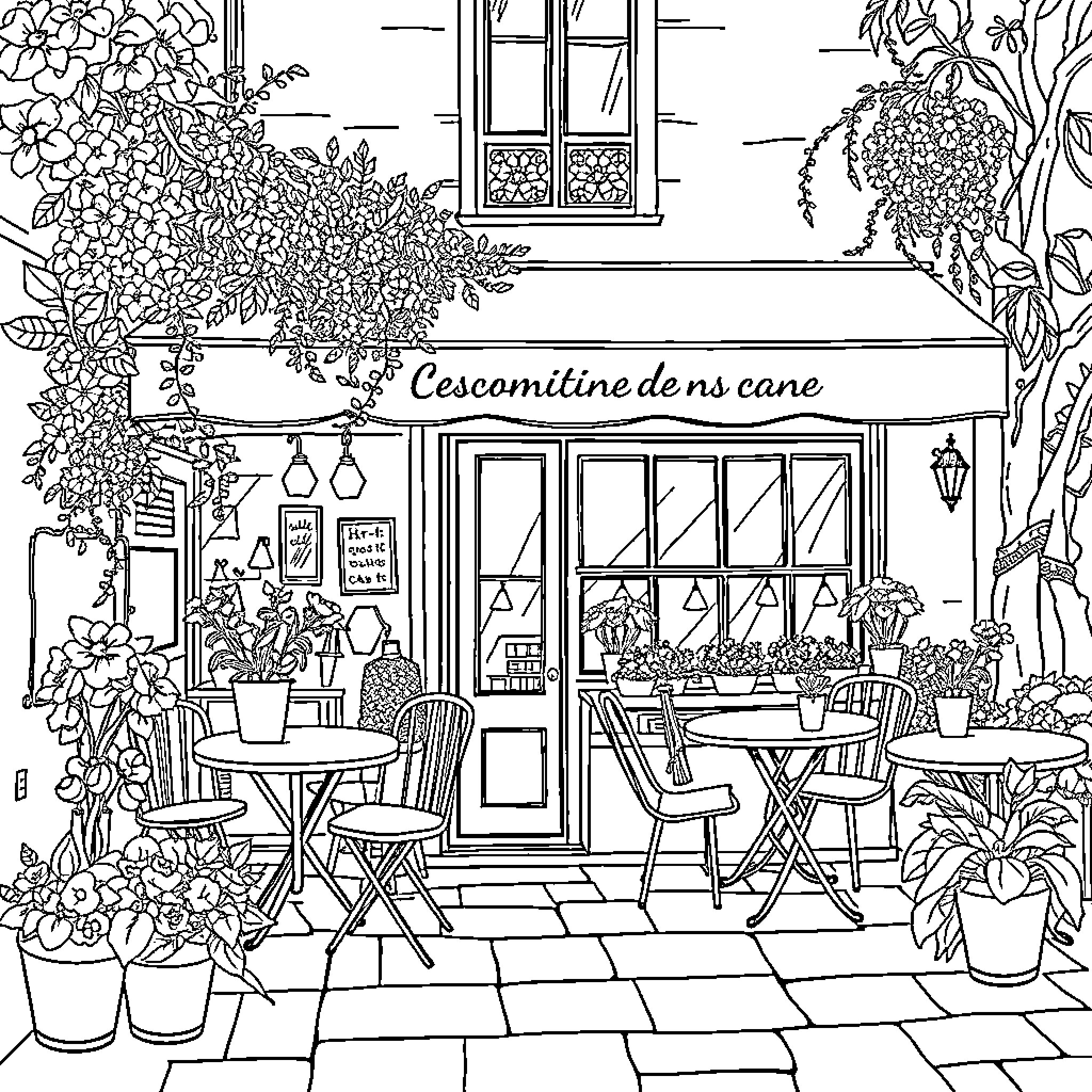 Cafe with Lush Foliage and Outdoor Seating Coloring Page (free black-and-white line drawing printable PDF for all, from beginners to advanced learners, including children, teens, adults, and seniors)