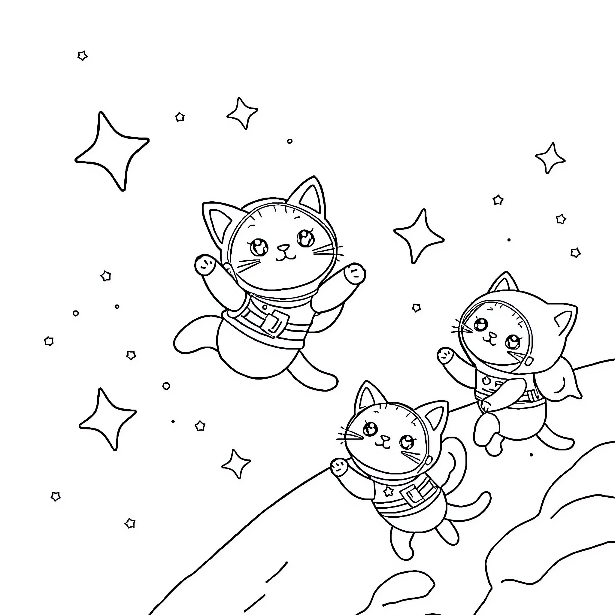 Cats playing and floating among the stars Coloring Page (free black-and-white line drawing printable PDF for all, from beginners to advanced learners, including children, teens, adults, and seniors)