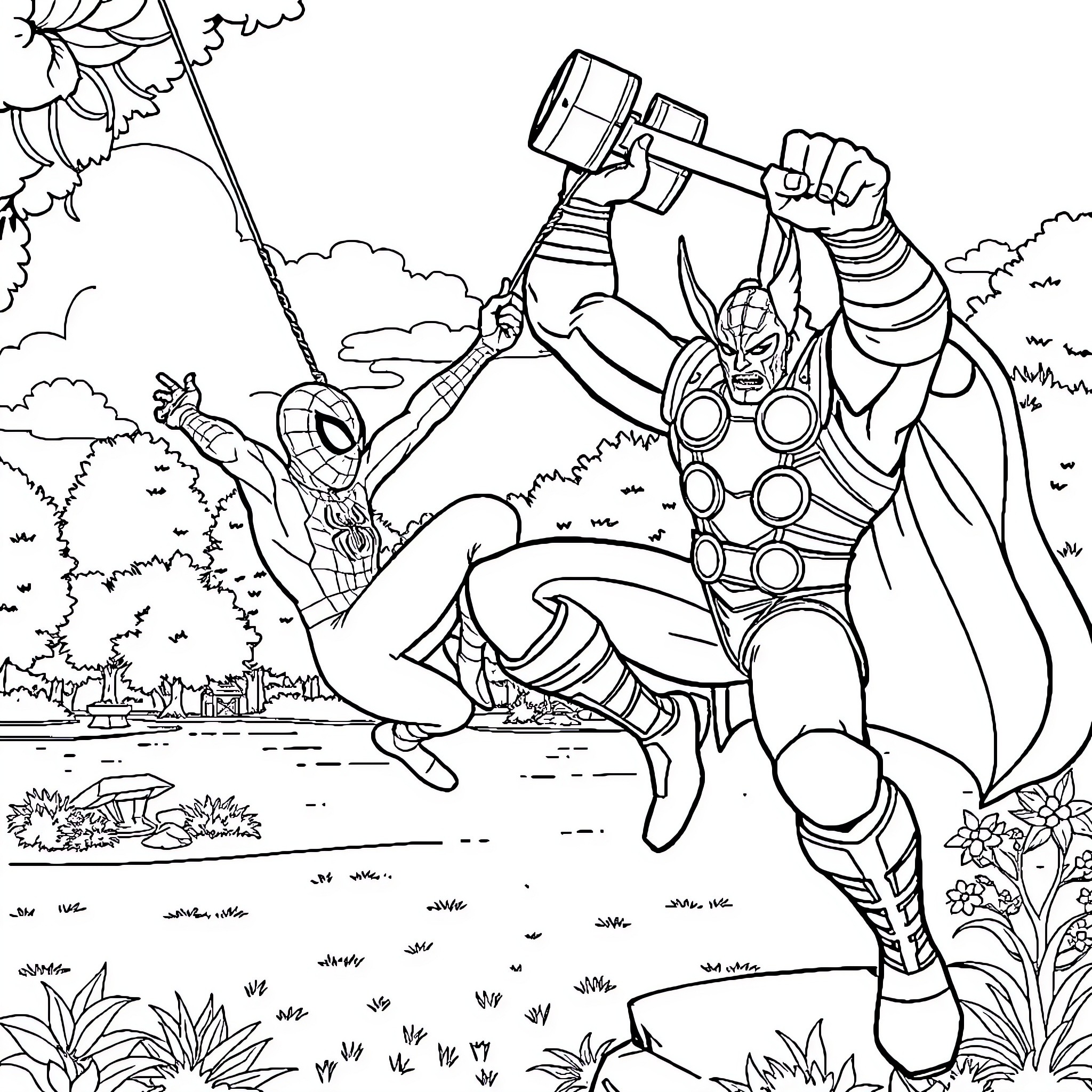 Spiderman swinging into action with Thor's mighty hammer Coloring Page (free black-and-white line drawing printable PDF for all, from beginners to advanced learners, including children, teens, adults, and seniors)