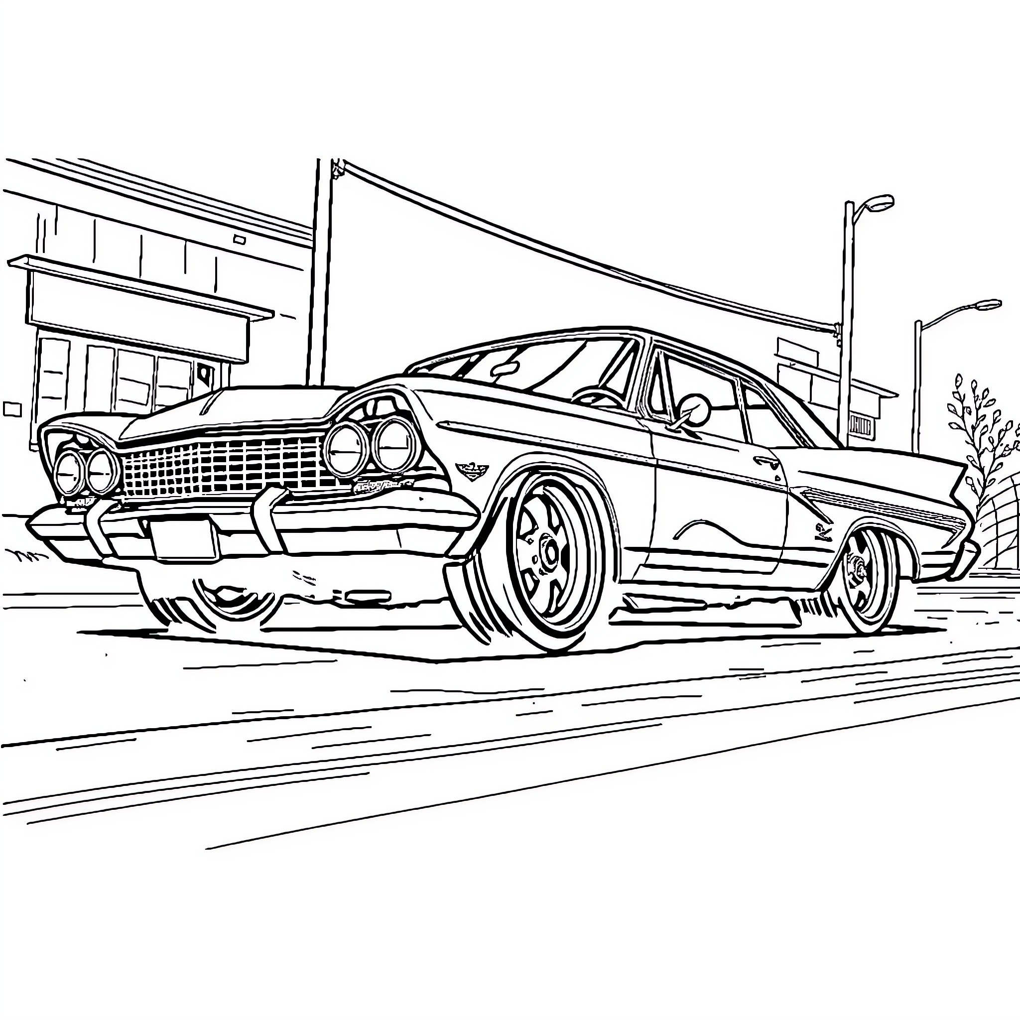 Lowrider speeding through city streets Coloring Page (free black-and-white line drawing printable PDF for all, from beginners to advanced learners, including children, teens, adults, and seniors)