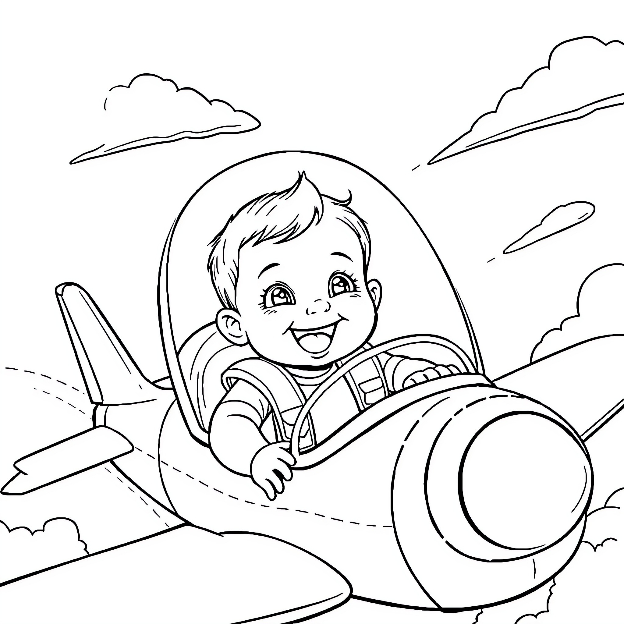 Baby Pilot Joyfully Soaring in a Plane Coloring Page (free black-and-white line drawing printable PDF for all, from beginners to advanced learners, including children, teens, adults, and seniors)
