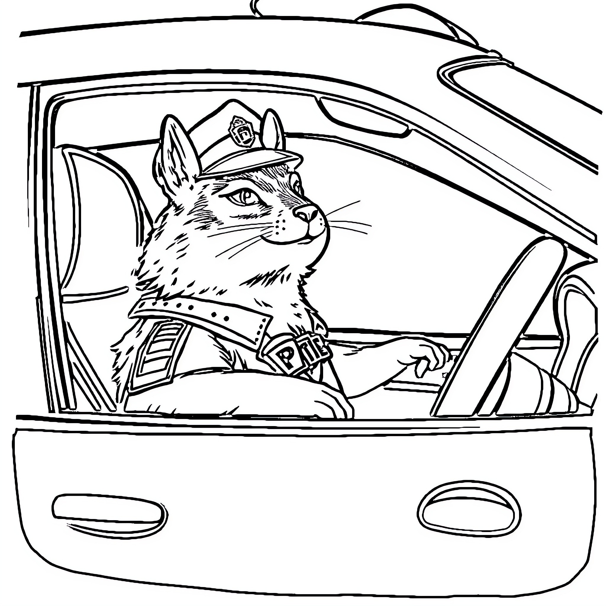 Duck driving a car in uniform Coloring Page (free black-and-white line drawing printable PDF for all, from beginners to advanced learners, including children, teens, adults, and seniors)