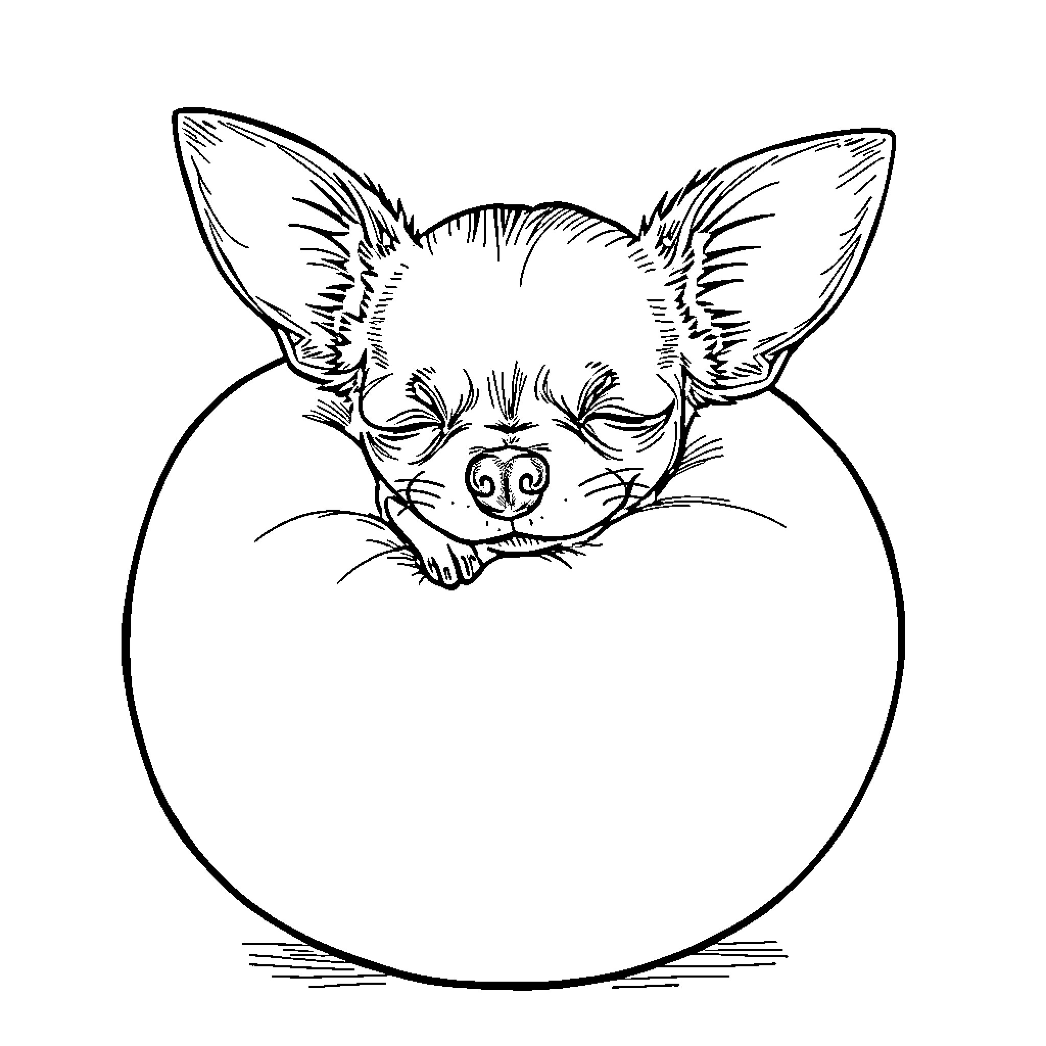 Chihuahua napping peacefully in a round frame Coloring Page (free black-and-white line drawing printable PDF for all, from beginners to advanced learners, including children, teens, adults, and seniors)