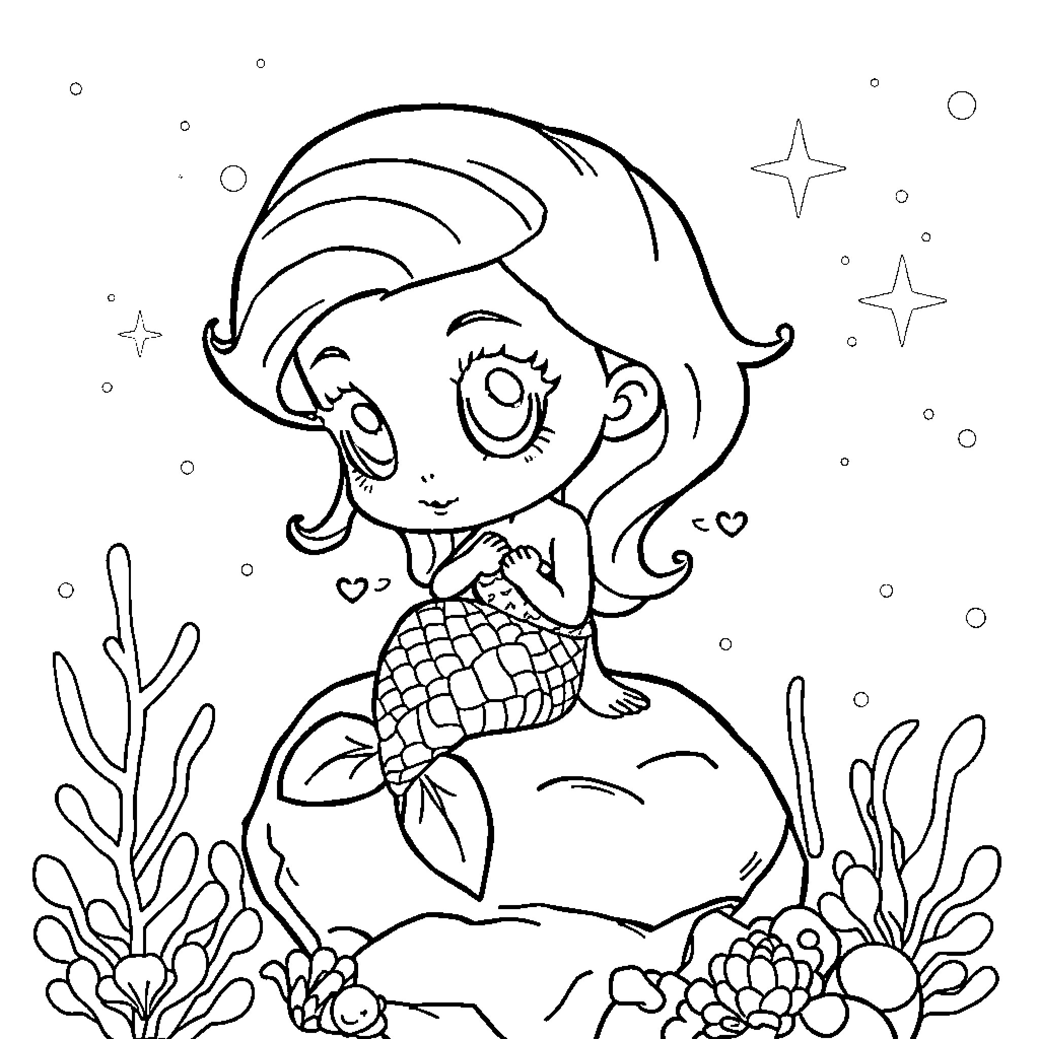 Mermaid swims joyfully in the underwater world Coloring Page (free black-and-white line drawing printable PDF for all, from beginners to advanced learners, including children, teens, adults, and seniors)