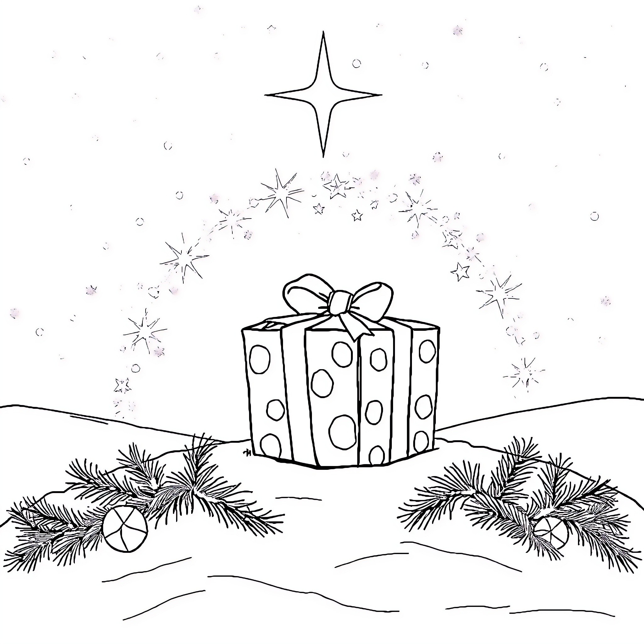 Gift of joy amidst winter's wonder Coloring Page (free black-and-white line drawing printable PDF for all, from beginners to advanced learners, including children, teens, adults, and seniors)