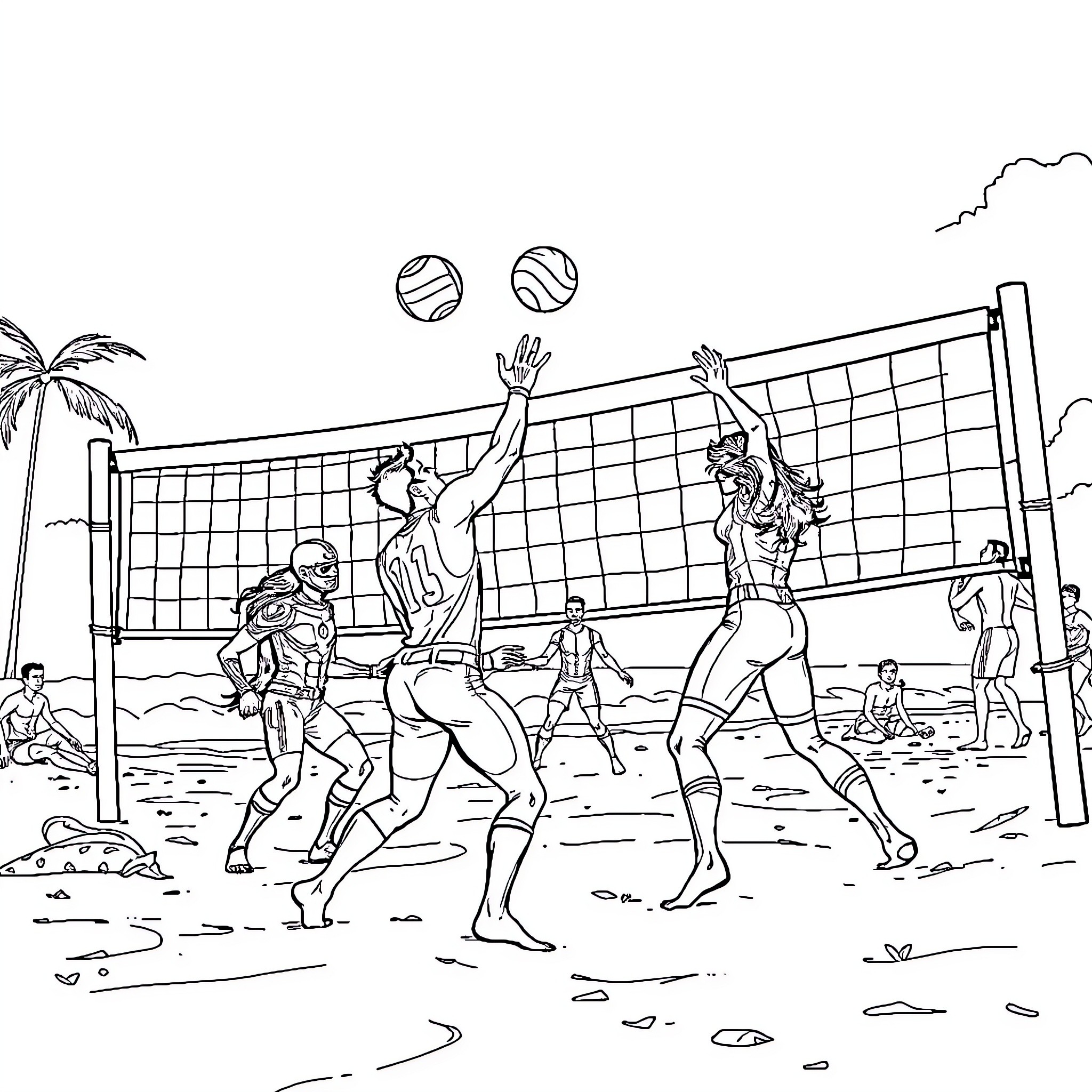 Avenger Beach Volleyball Game Coloring Page (free black-and-white line drawing printable PDF for all, from beginners to advanced learners, including children, teens, adults, and seniors)