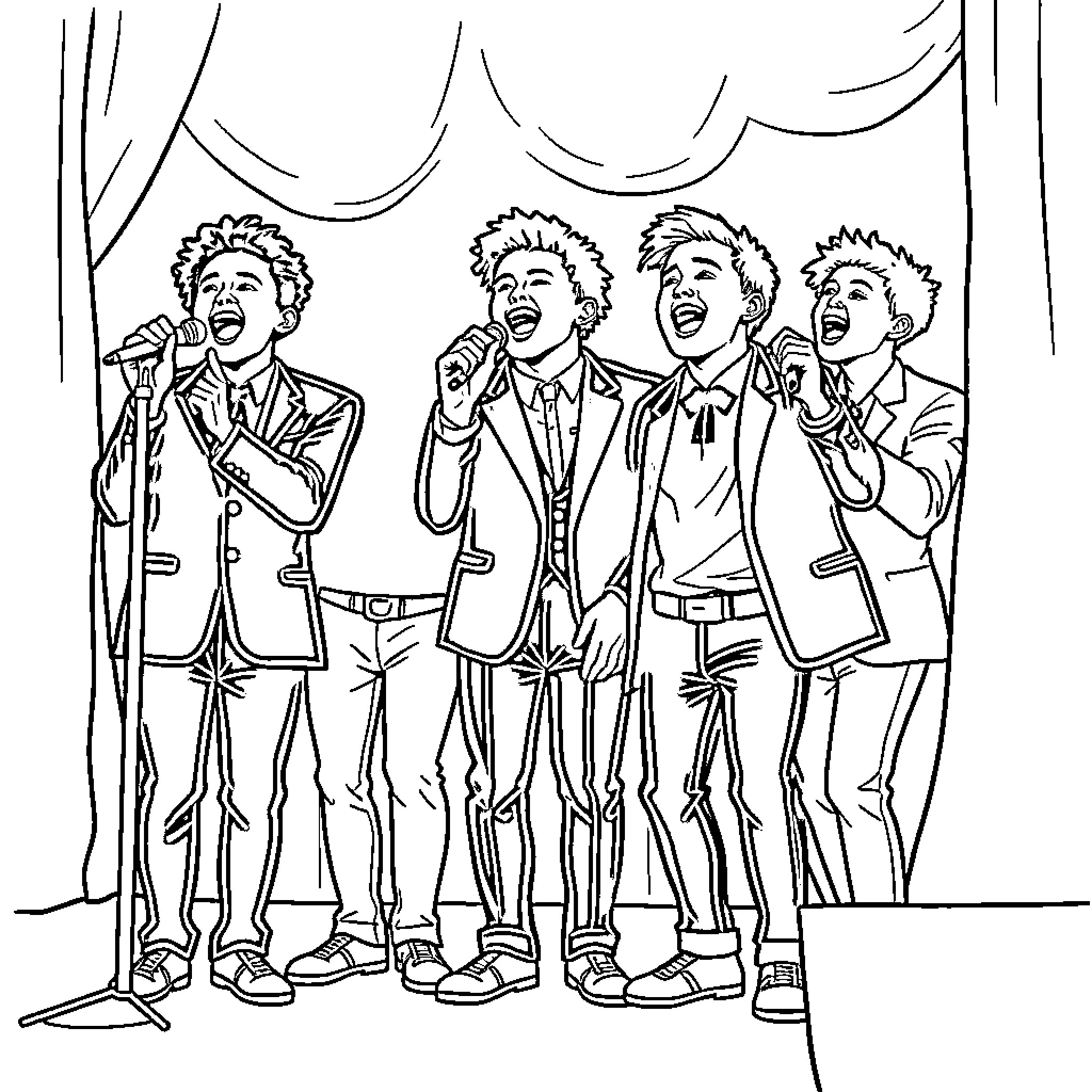 Sajaboys performing on stage with passion Coloring Page (free black-and-white line drawing printable PDF for all, from beginners to advanced learners, including children, teens, adults, and seniors)