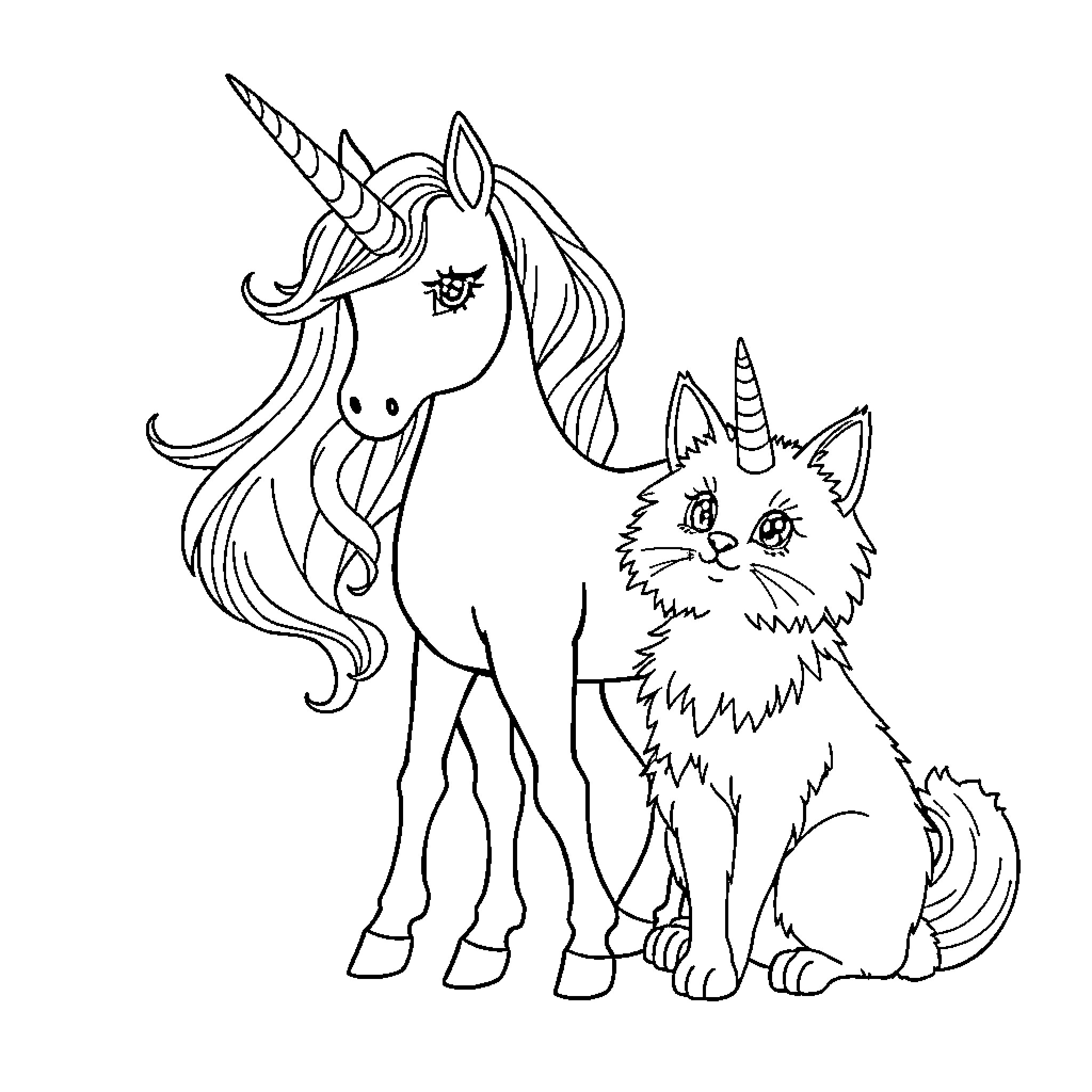 Unicorn standing with fluffy companion Coloring Page (free black-and-white line drawing printable PDF for all, from beginners to advanced learners, including children, teens, adults, and seniors)