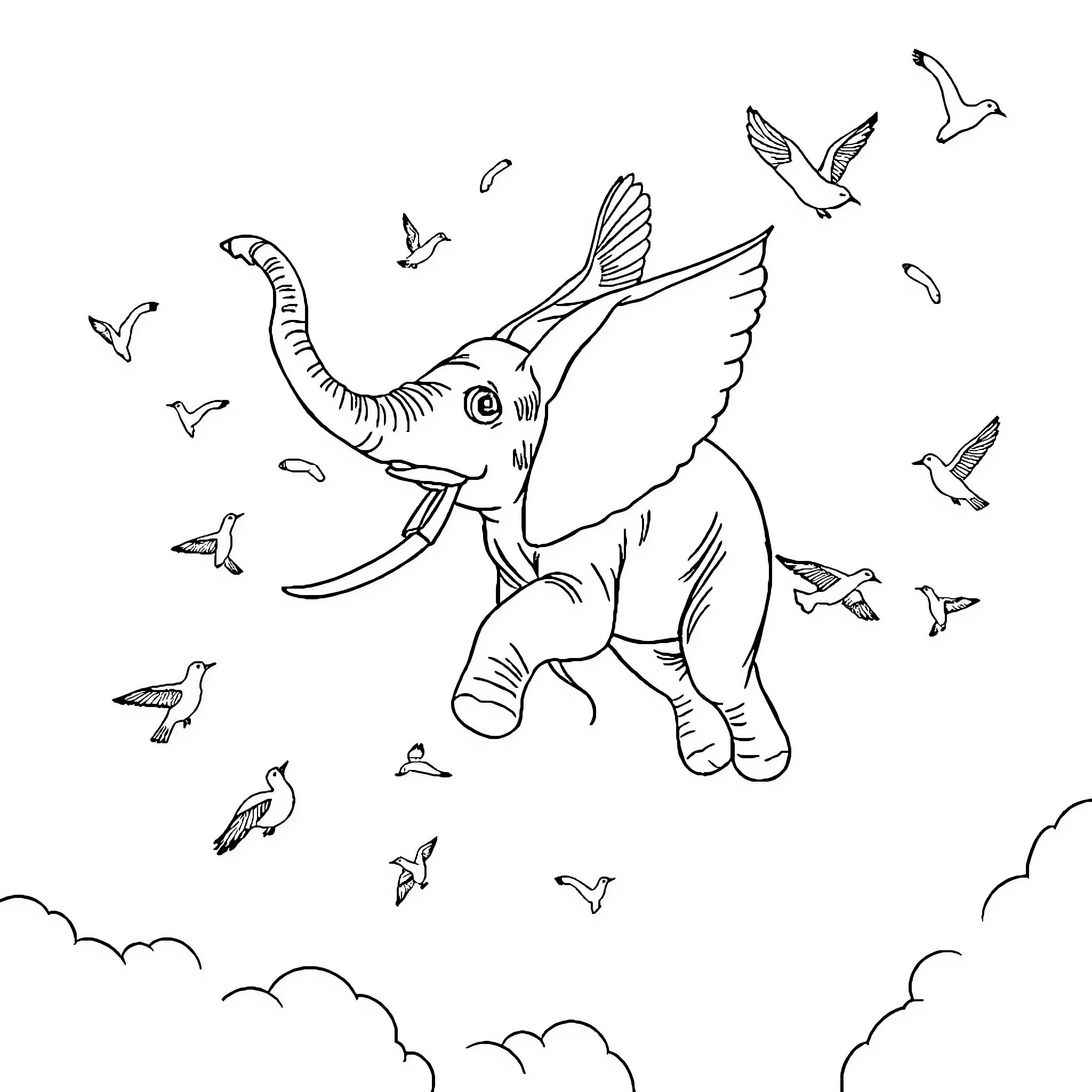 Elephant with wings surrounded by birds in the sky Coloring Page (free black-and-white line drawing printable PDF for all, from beginners to advanced learners, including children, teens, adults, and seniors)
