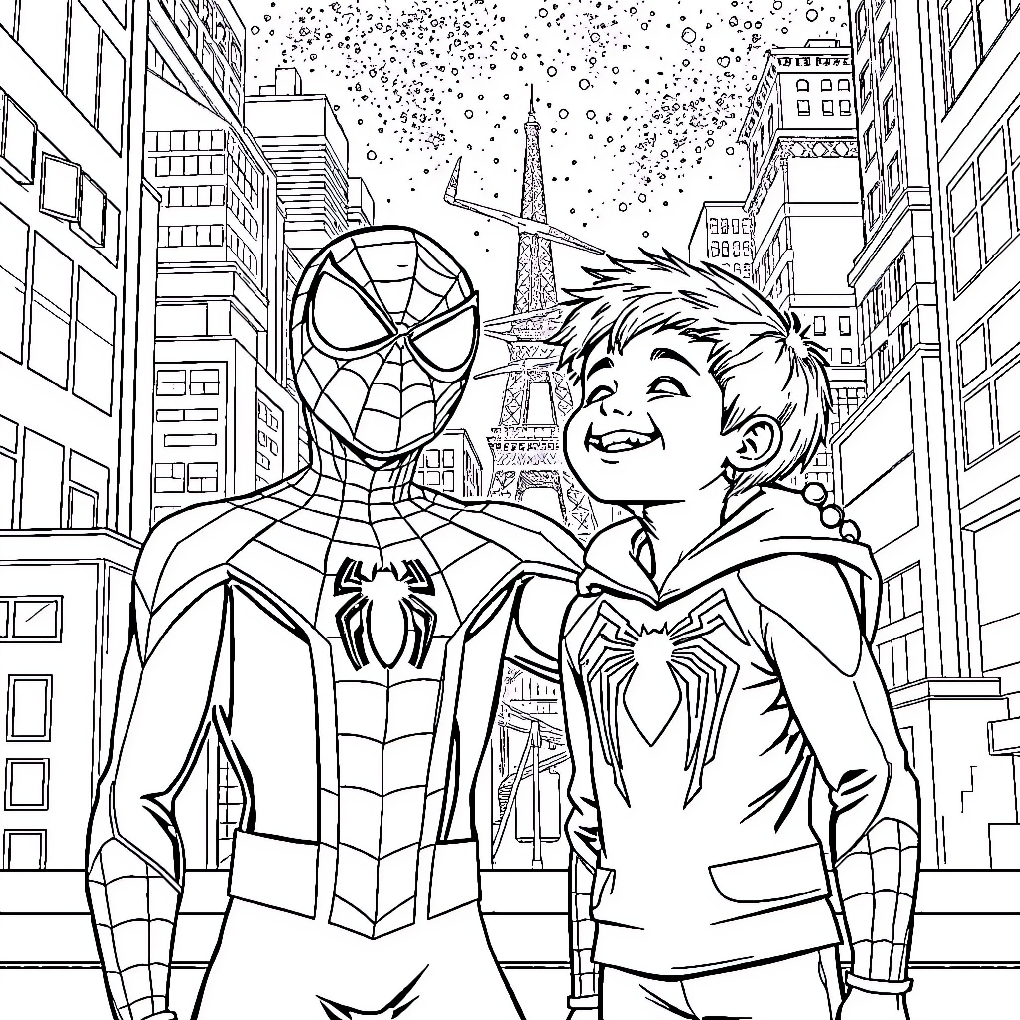 Child Meets Superhero in the City Coloring Page (free black-and-white line drawing printable PDF for all, from beginners to advanced learners, including children, teens, adults, and seniors)
