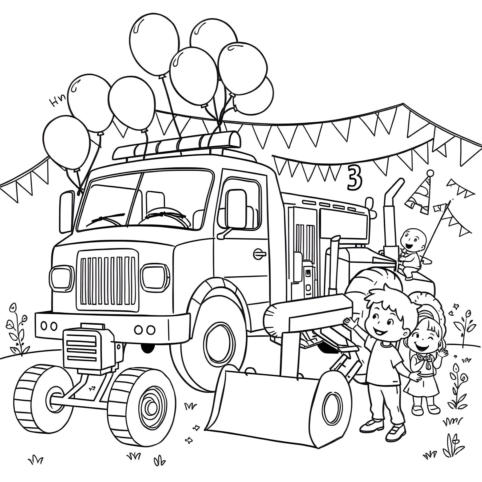 Fire Truck with Balloons and Children Celebrating Coloring Page (free black-and-white line drawing printable PDF for all, from beginners to advanced learners, including children, teens, adults, and seniors)