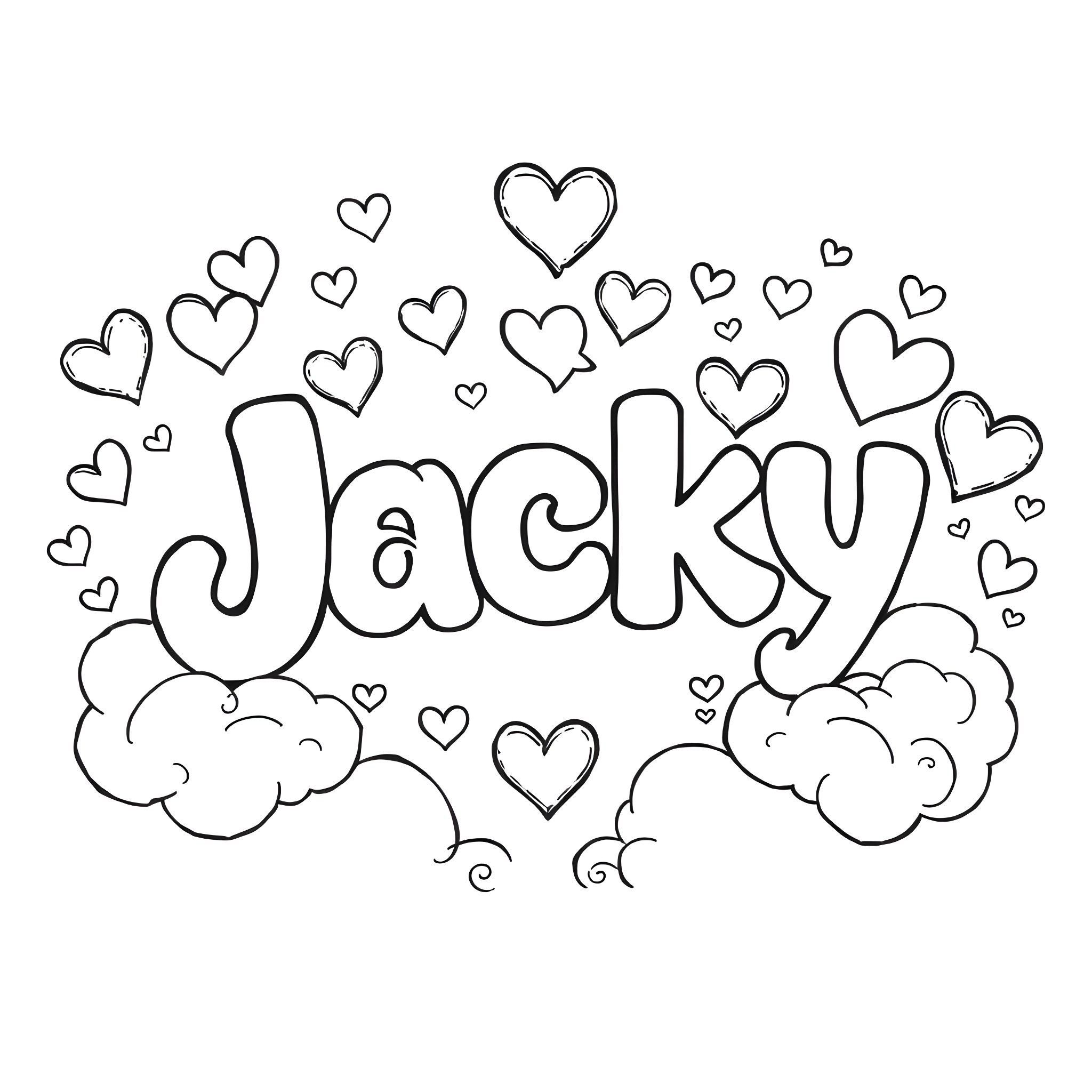 Jacky's hearts and clouds doodle Coloring Page (free black-and-white line drawing printable PDF for all, from beginners to advanced learners, including children, teens, adults, and seniors)