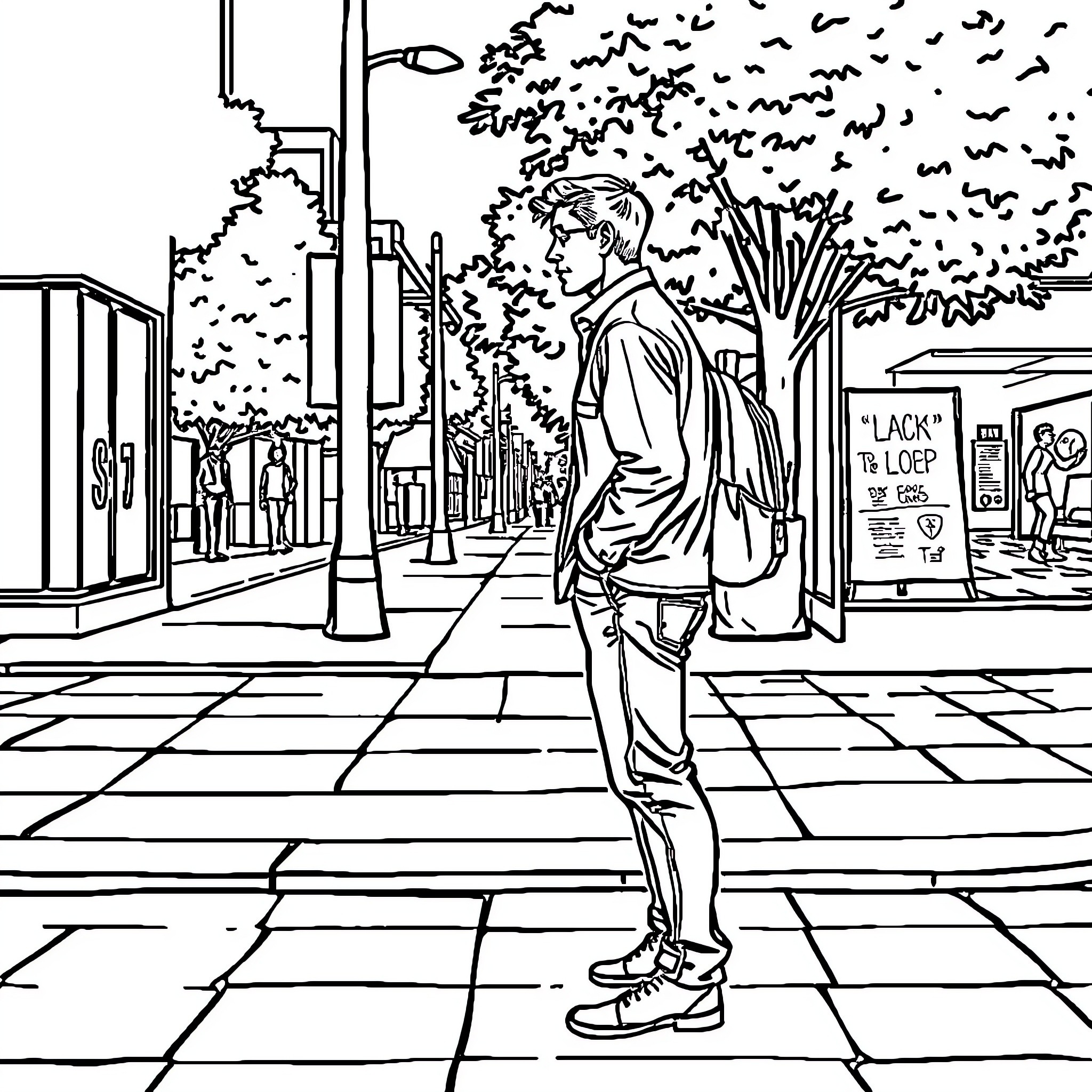 Man strolling through a busy urban street Coloring Page (free black-and-white line drawing printable PDF for all, from beginners to advanced learners, including children, teens, adults, and seniors)