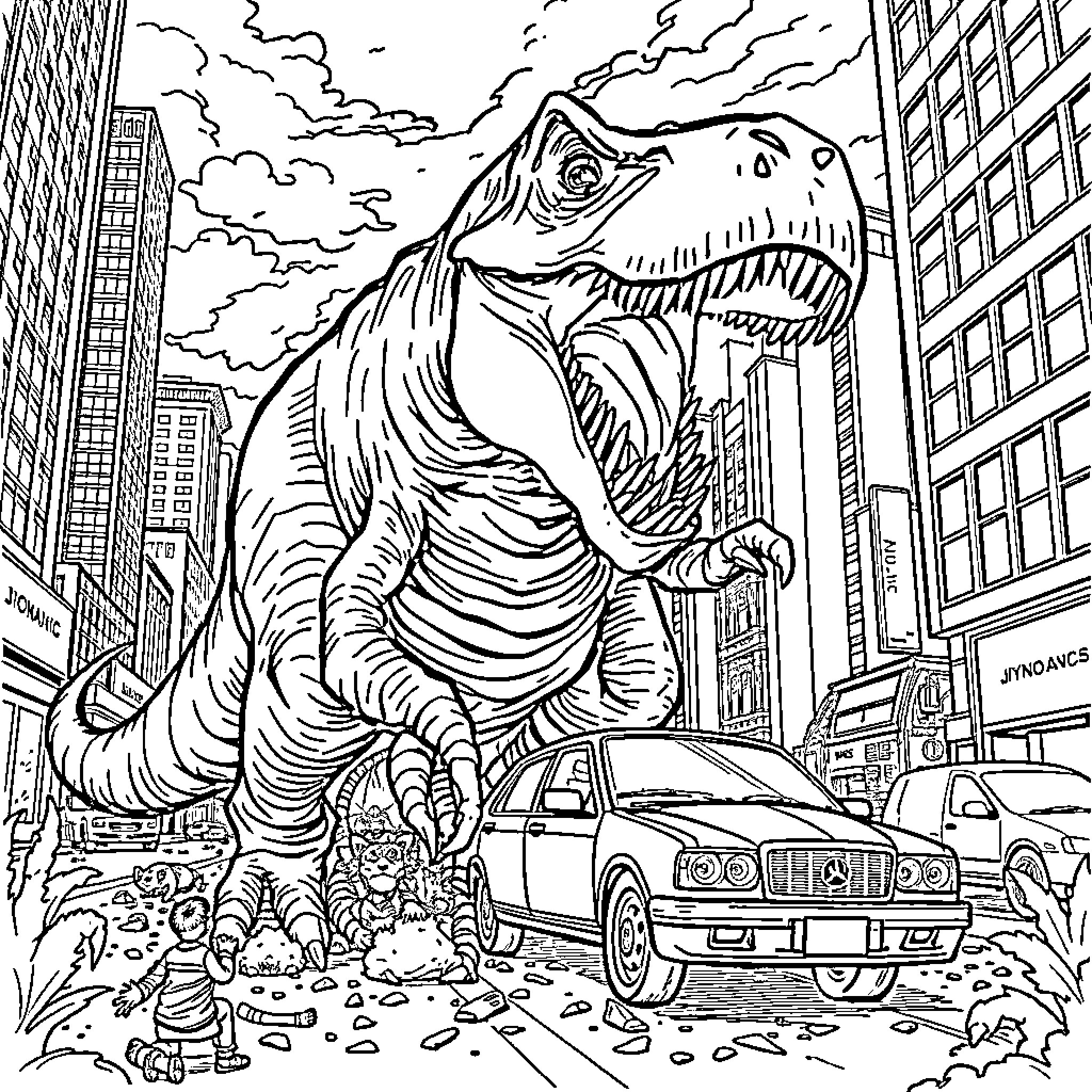 T-Rex Wreaks Havoc in the City Coloring Page (free black-and-white line drawing printable PDF for all, from beginners to advanced learners, including children, teens, adults, and seniors)