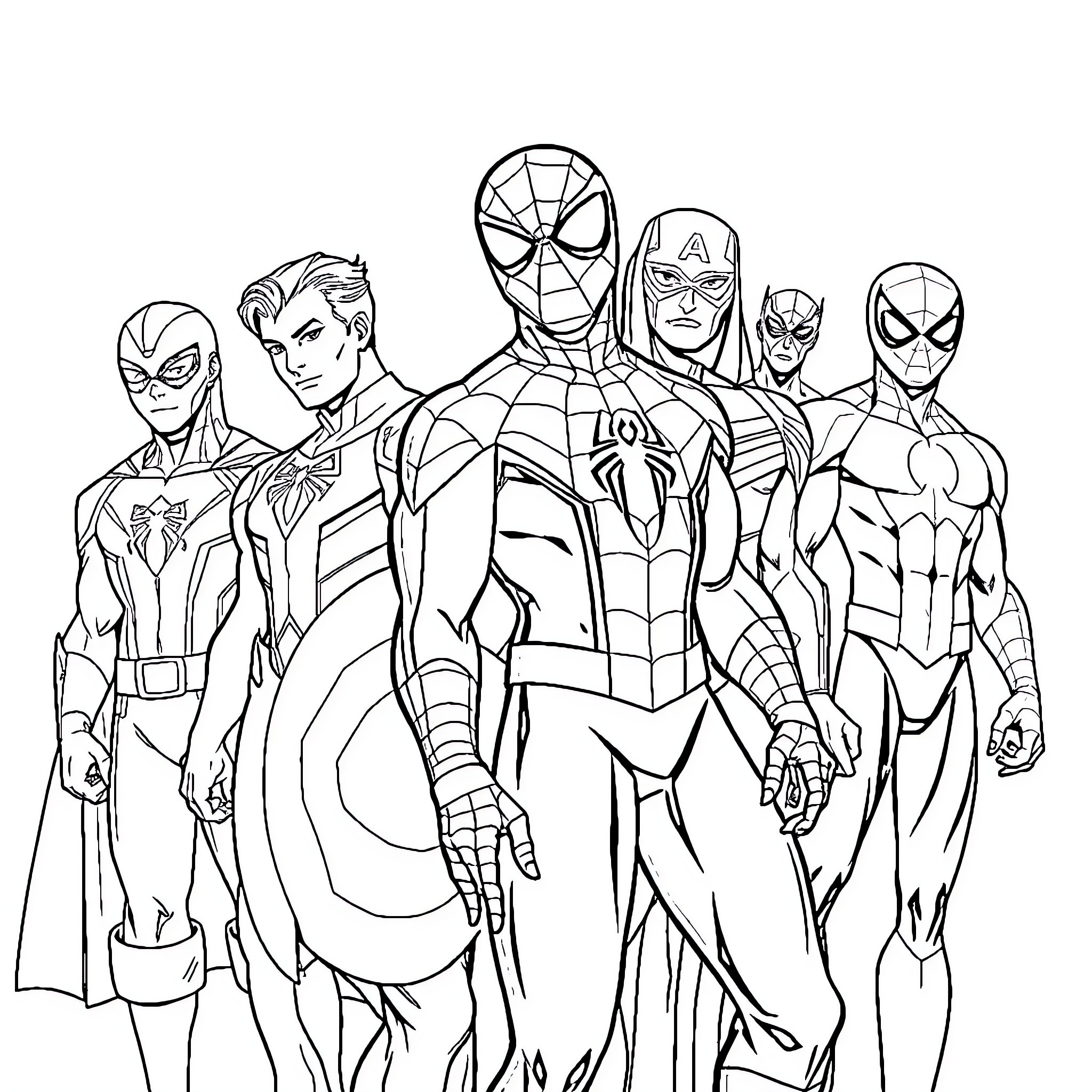 Spiderman and Marvel Heroes in Action Coloring Page (free black-and-white line drawing printable PDF for all, from beginners to advanced learners, including children, teens, adults, and seniors)