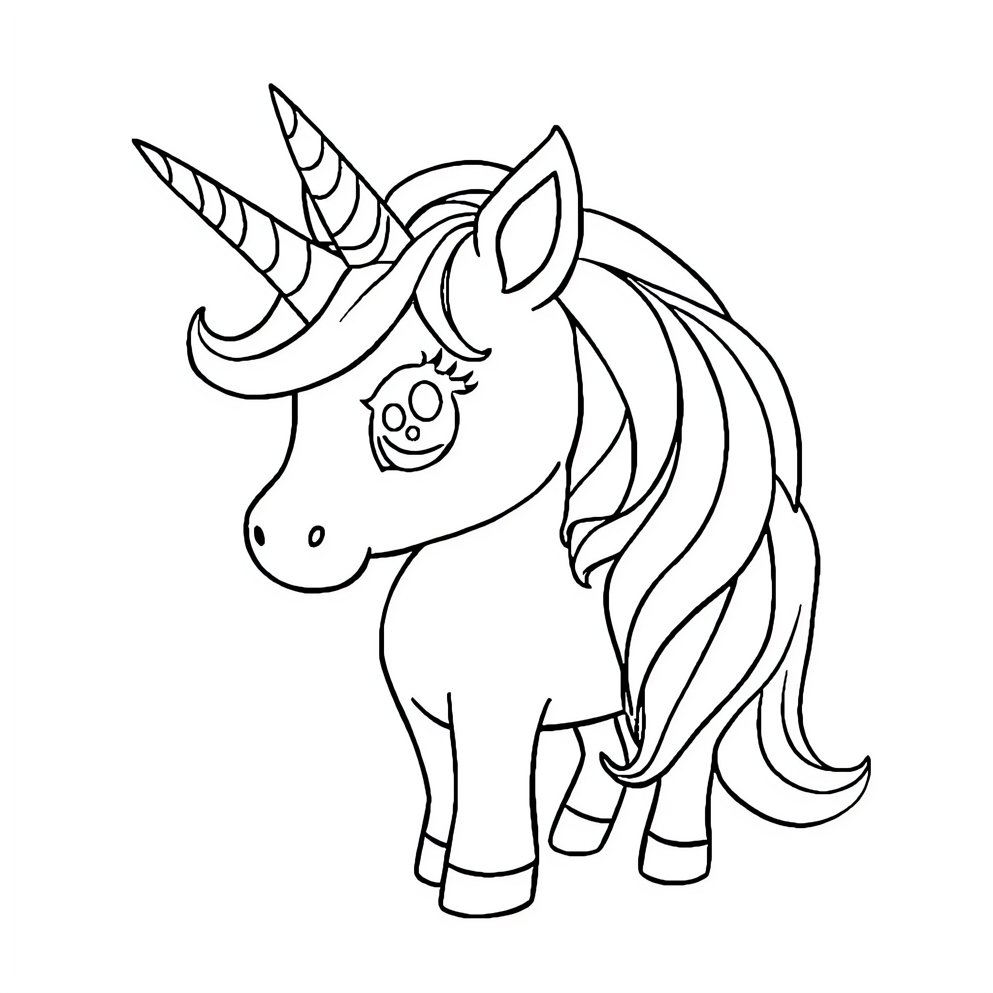 Unicorn with playful expression and unique horn Coloring Page (free black-and-white line drawing printable PDF for all, from beginners to advanced learners, including children, teens, adults, and seniors)