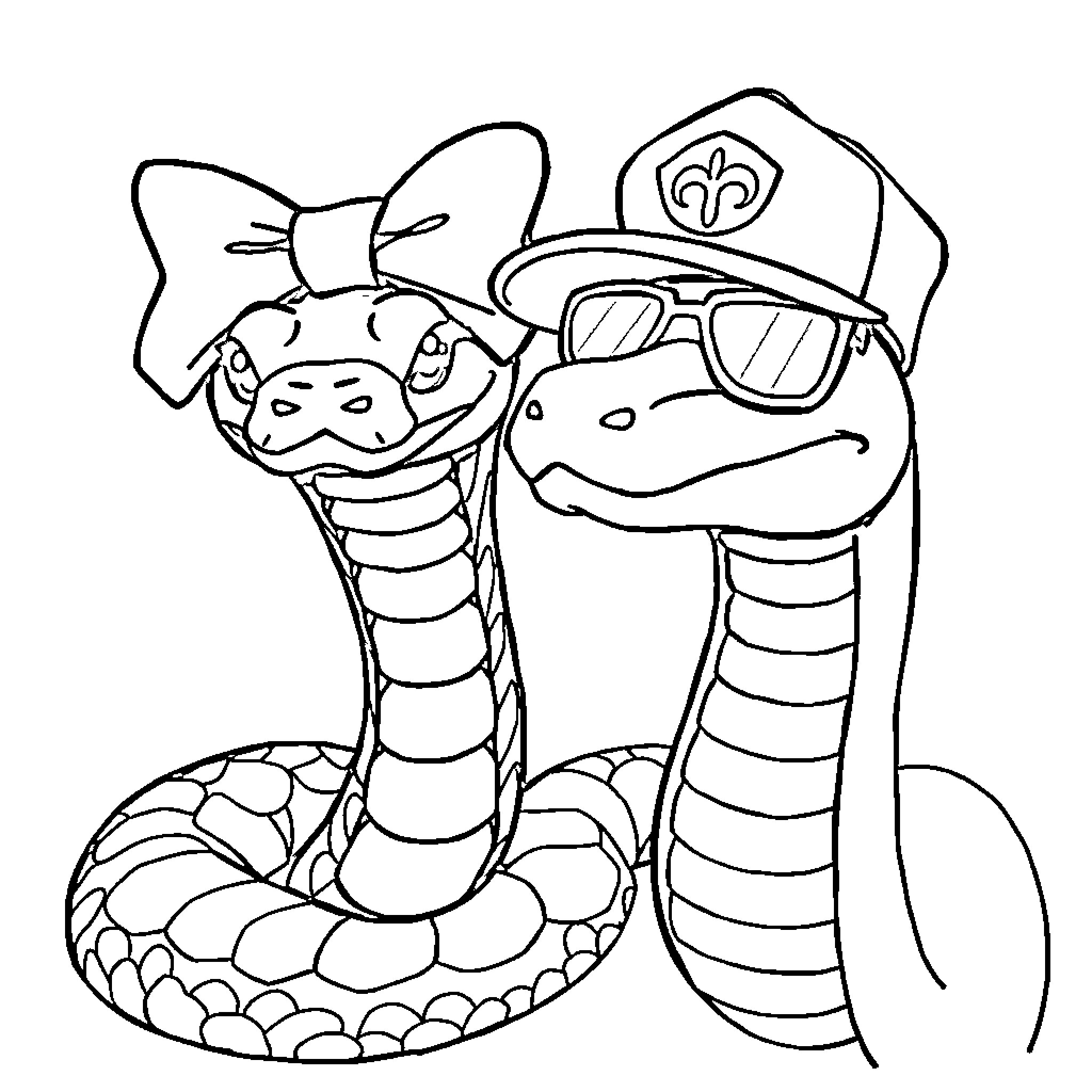 Snake dressed as police officer with sunglasses Coloring Page (free black-and-white line drawing printable PDF for all, from beginners to advanced learners, including children, teens, adults, and seniors)