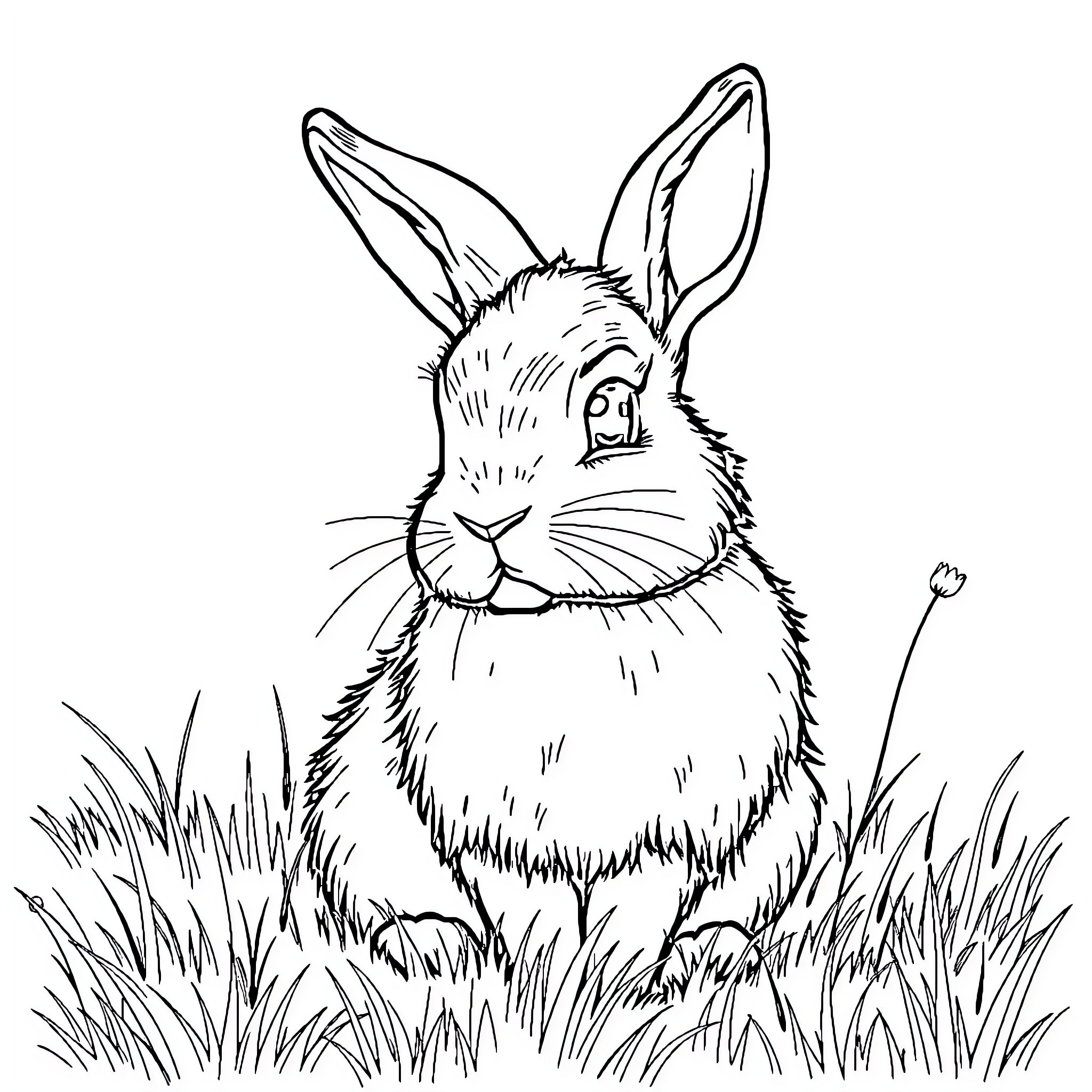 Rabbit peering curiously from grassy field Coloring Page (free black-and-white line drawing printable PDF for all, from beginners to advanced learners, including children, teens, adults, and seniors)