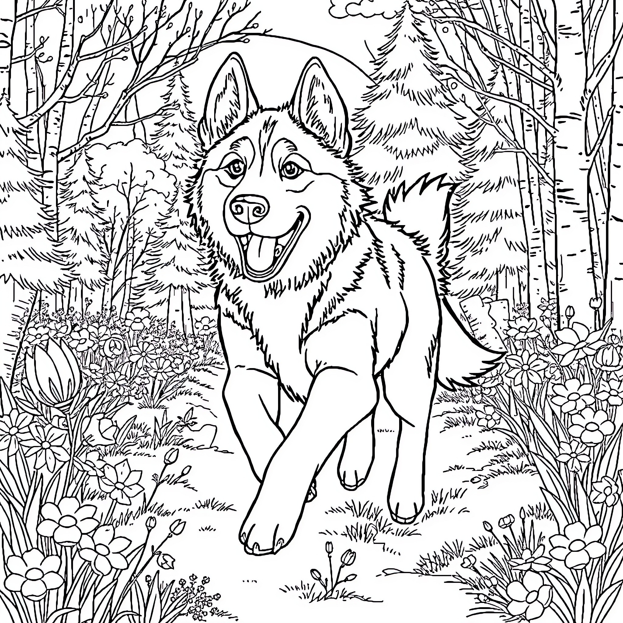 Husky enjoying a walk in the forest Coloring Page (free black-and-white line drawing printable PDF for all, from beginners to advanced learners, including children, teens, adults, and seniors)