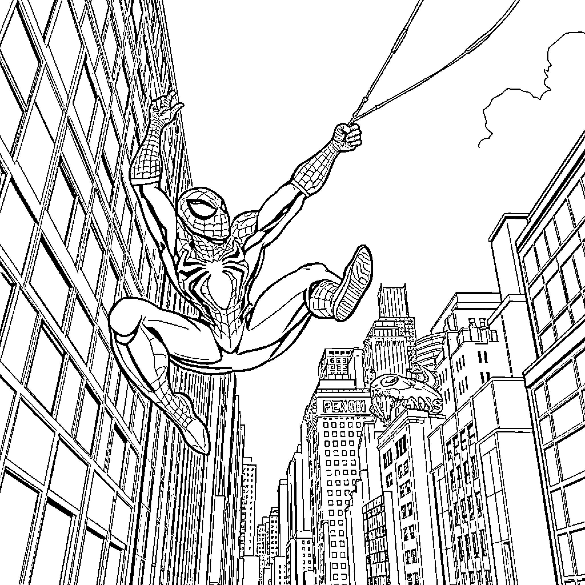 Spiderman swinging through the city skyline Coloring Page (free black-and-white line drawing printable PDF for all, from beginners to advanced learners, including children, teens, adults, and seniors)
