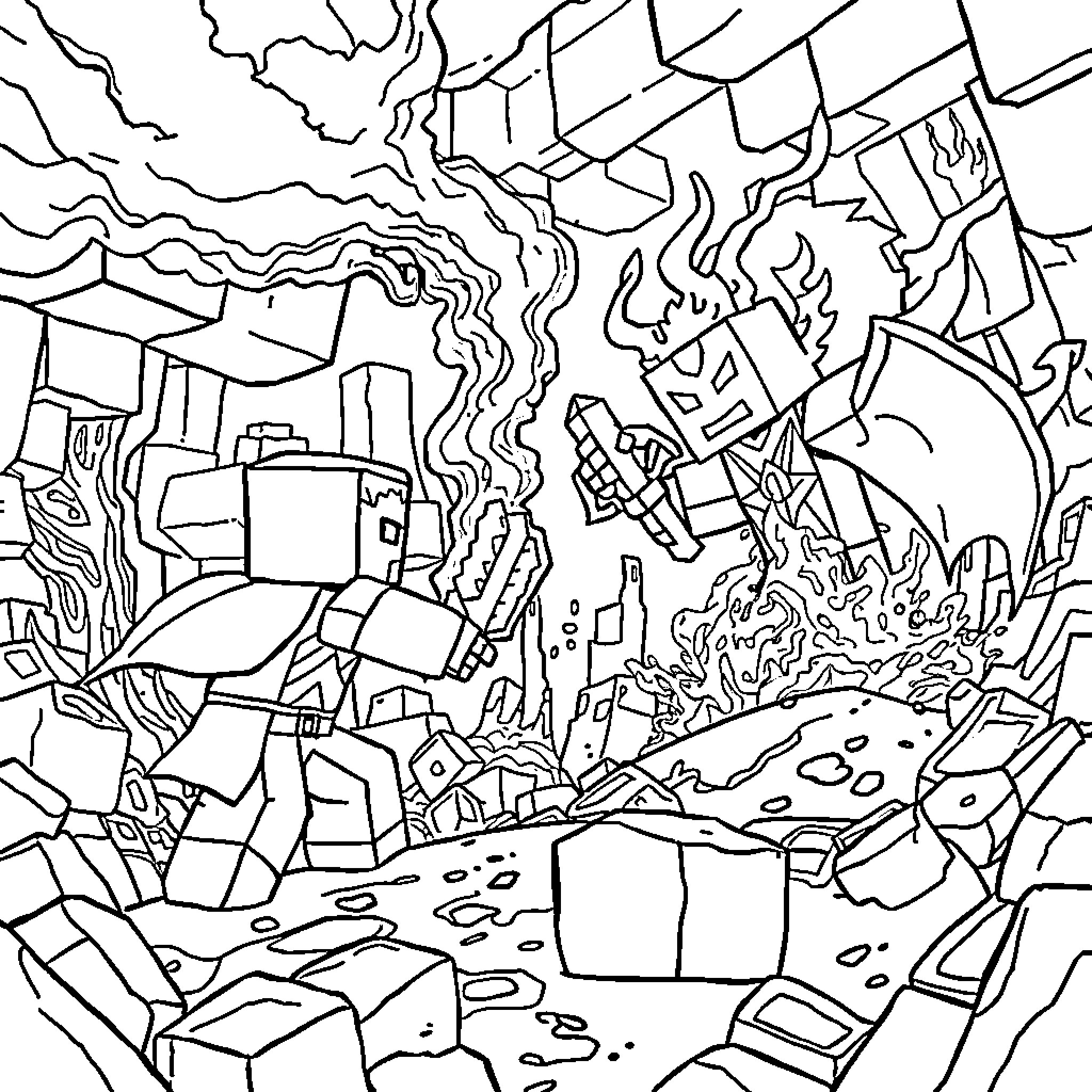 Battle of Chaotic Destruction in the Ruins Coloring Page (free black-and-white line drawing printable PDF for all, from beginners to advanced learners, including children, teens, adults, and seniors)
