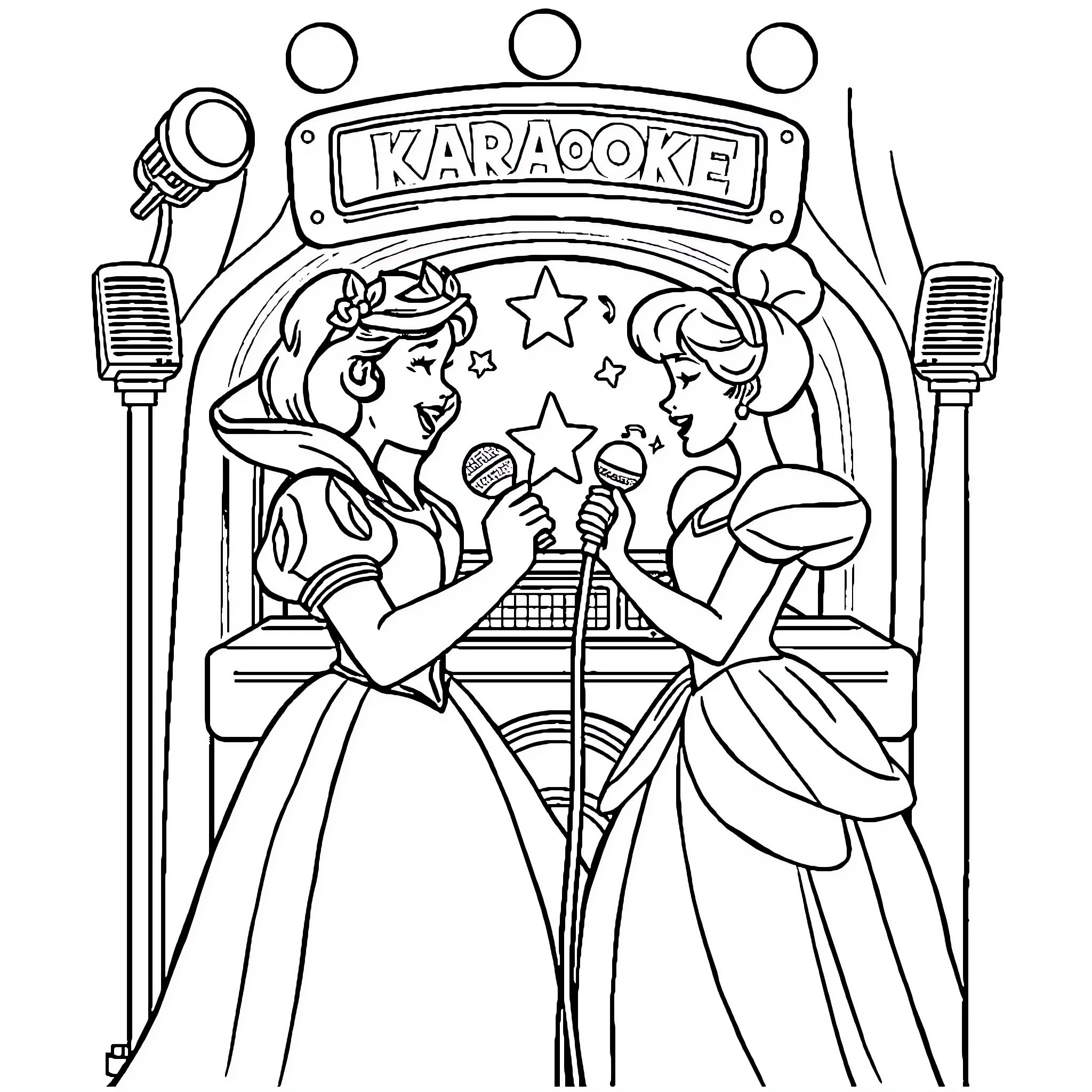 Snow White Karaoke Party with Princess Friends Coloring Page (free black-and-white line drawing printable PDF for all, from beginners to advanced learners, including children, teens, adults, and seniors)