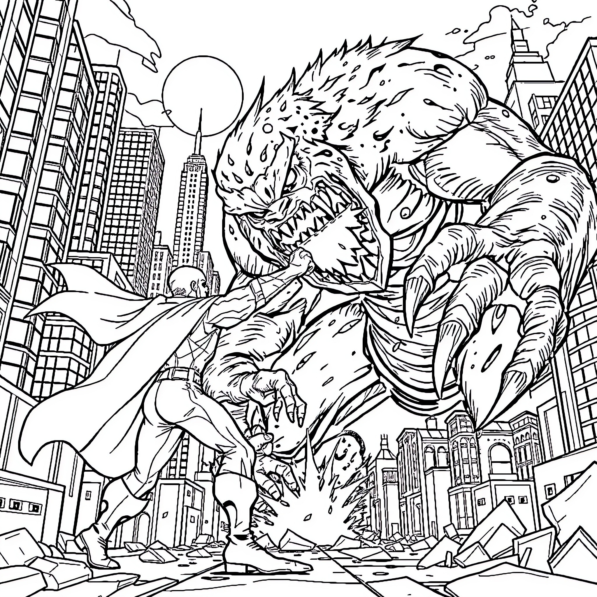 Superhero battles monstrous creature in city Coloring Page (free black-and-white line drawing printable PDF for all, from beginners to advanced learners, including children, teens, adults, and seniors)