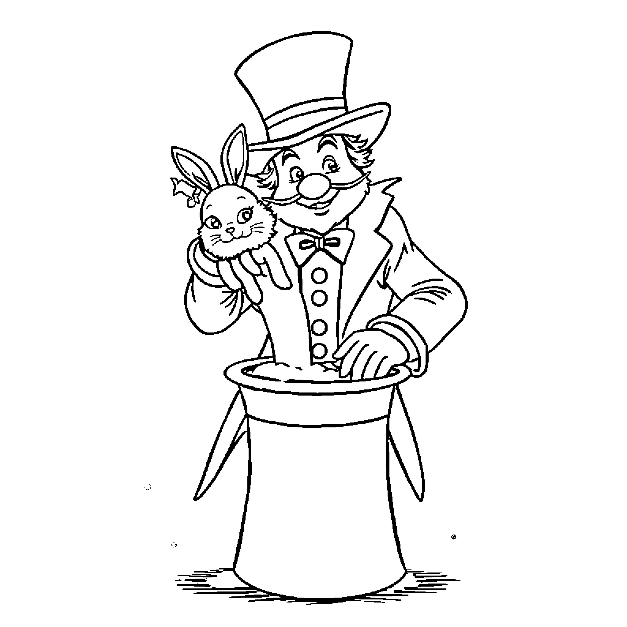 Magician performing magic trick with rabbit Coloring Page (free black-and-white line drawing printable PDF for all, from beginners to advanced learners, including children, teens, adults, and seniors)