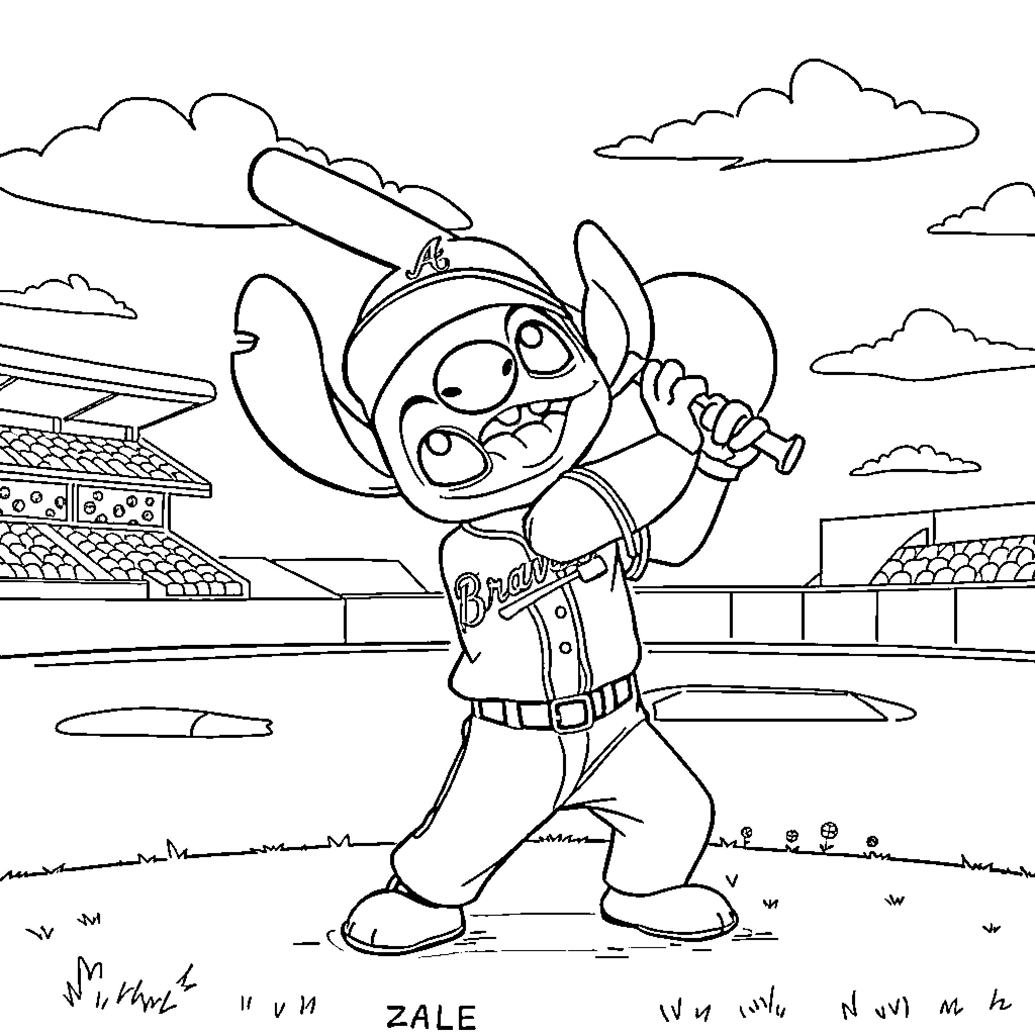 Stitch excited to play baseball on field Coloring Page (free black-and-white line drawing printable PDF for all, from beginners to advanced learners, including children, teens, adults, and seniors)