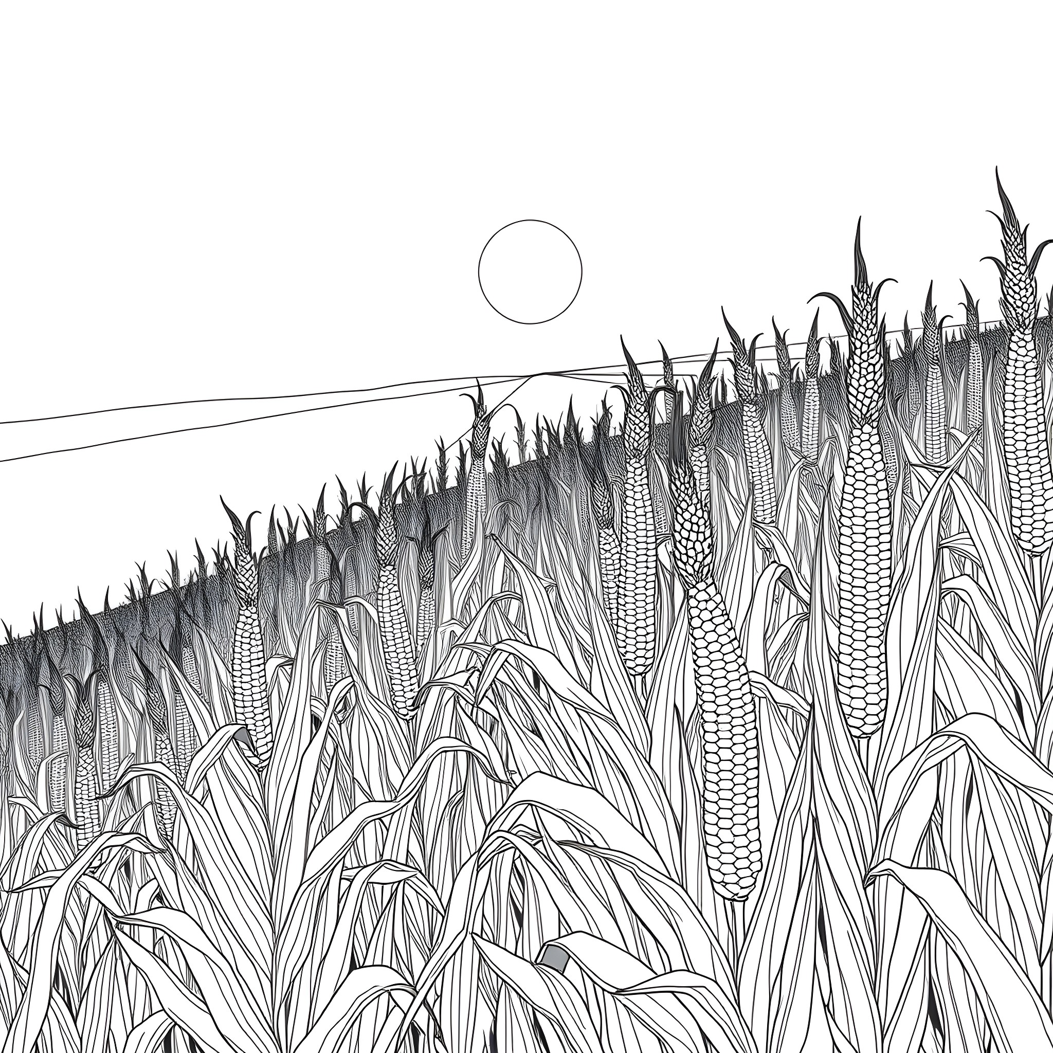 Corn field with tall stalks under a bright moon Coloring Page (free black-and-white line drawing printable PDF for all, from beginners to advanced learners, including children, teens, adults, and seniors)