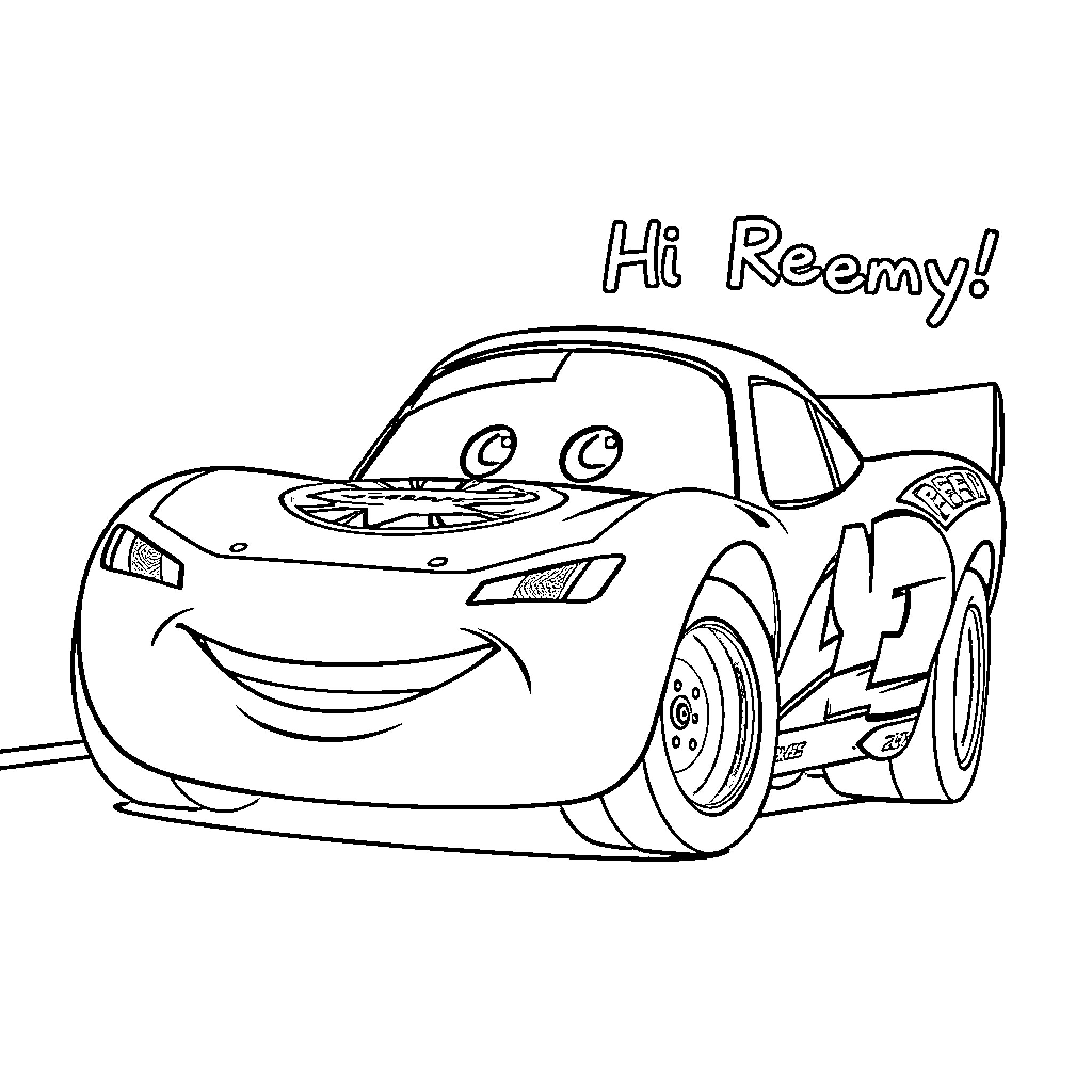 Lightning McQueen waving and saying Hi Reemy! Coloring Page (free black-and-white line drawing printable PDF for all, from beginners to advanced learners, including children, teens, adults, and seniors)