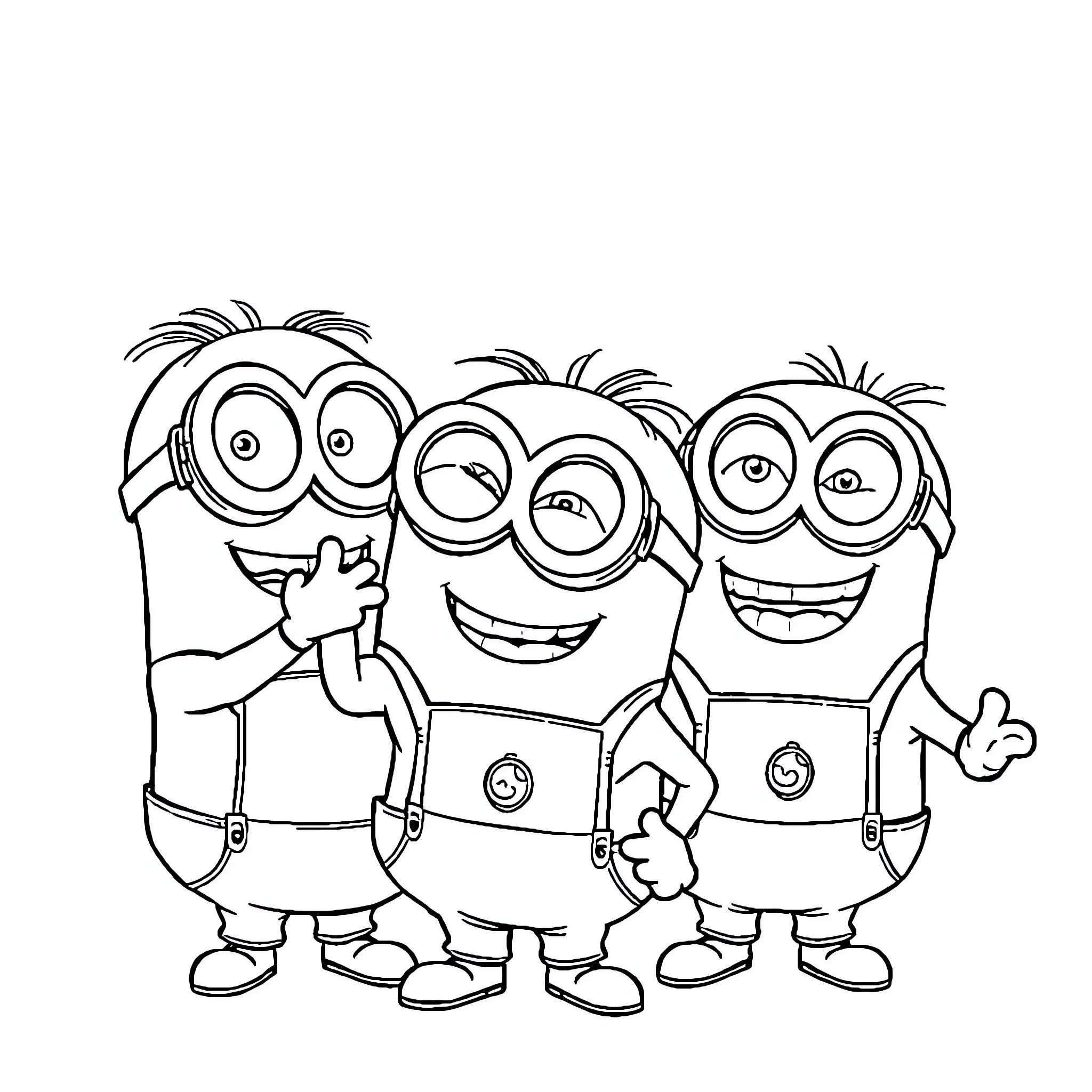 Minions posing happily together Coloring Page (free black-and-white line drawing printable PDF for all, from beginners to advanced learners, including children, teens, adults, and seniors)